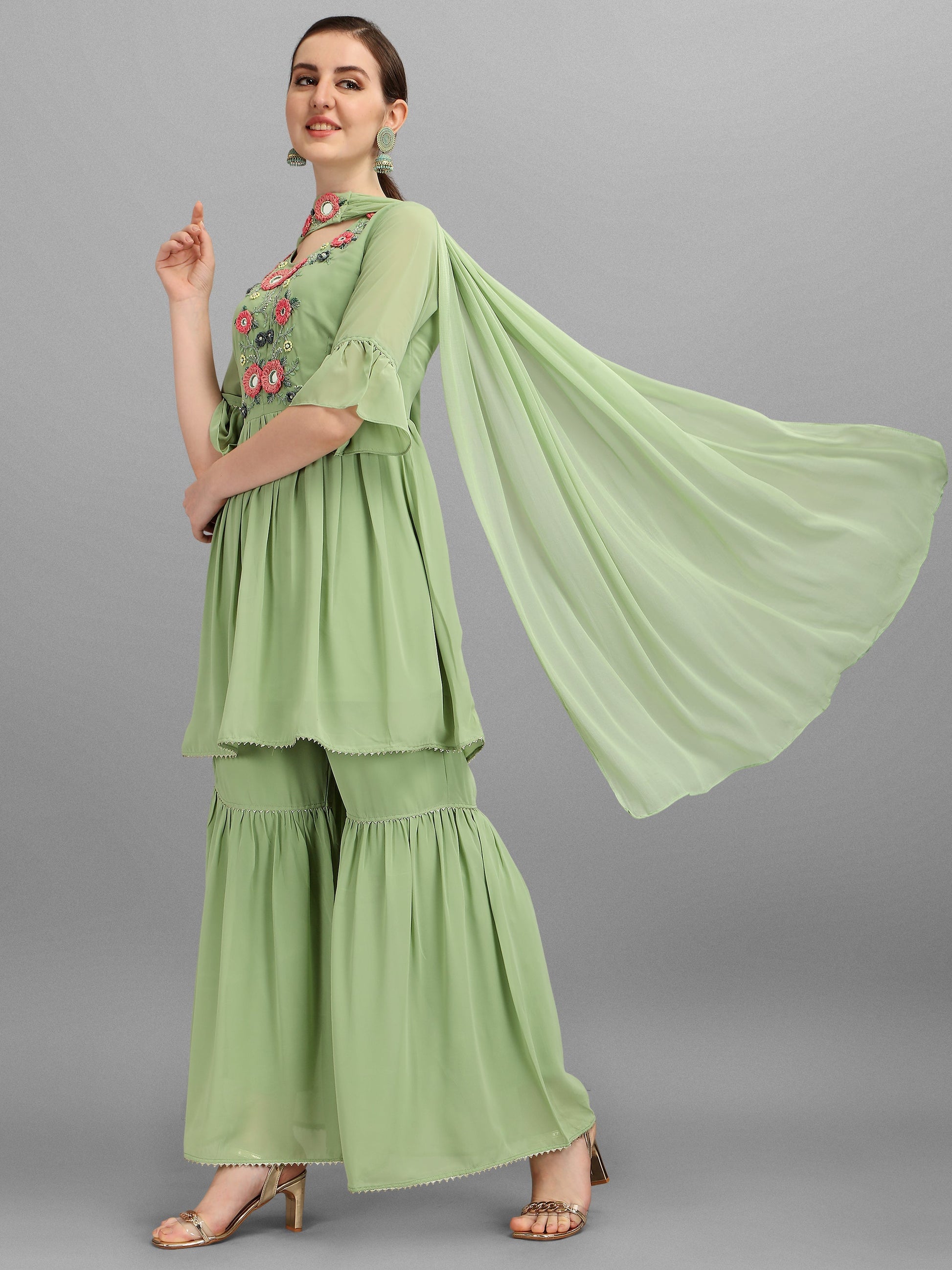 Hand Embroidered Georgette Kurta With Sharara & Dupatta Set, Multicolor - Hiral Fashion
