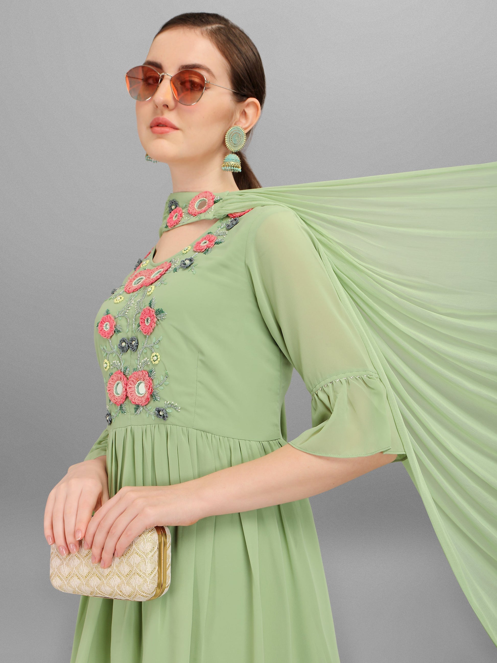 Hand Embroidered Georgette Kurta With Sharara & Dupatta Set, Multicolor - Hiral Fashion