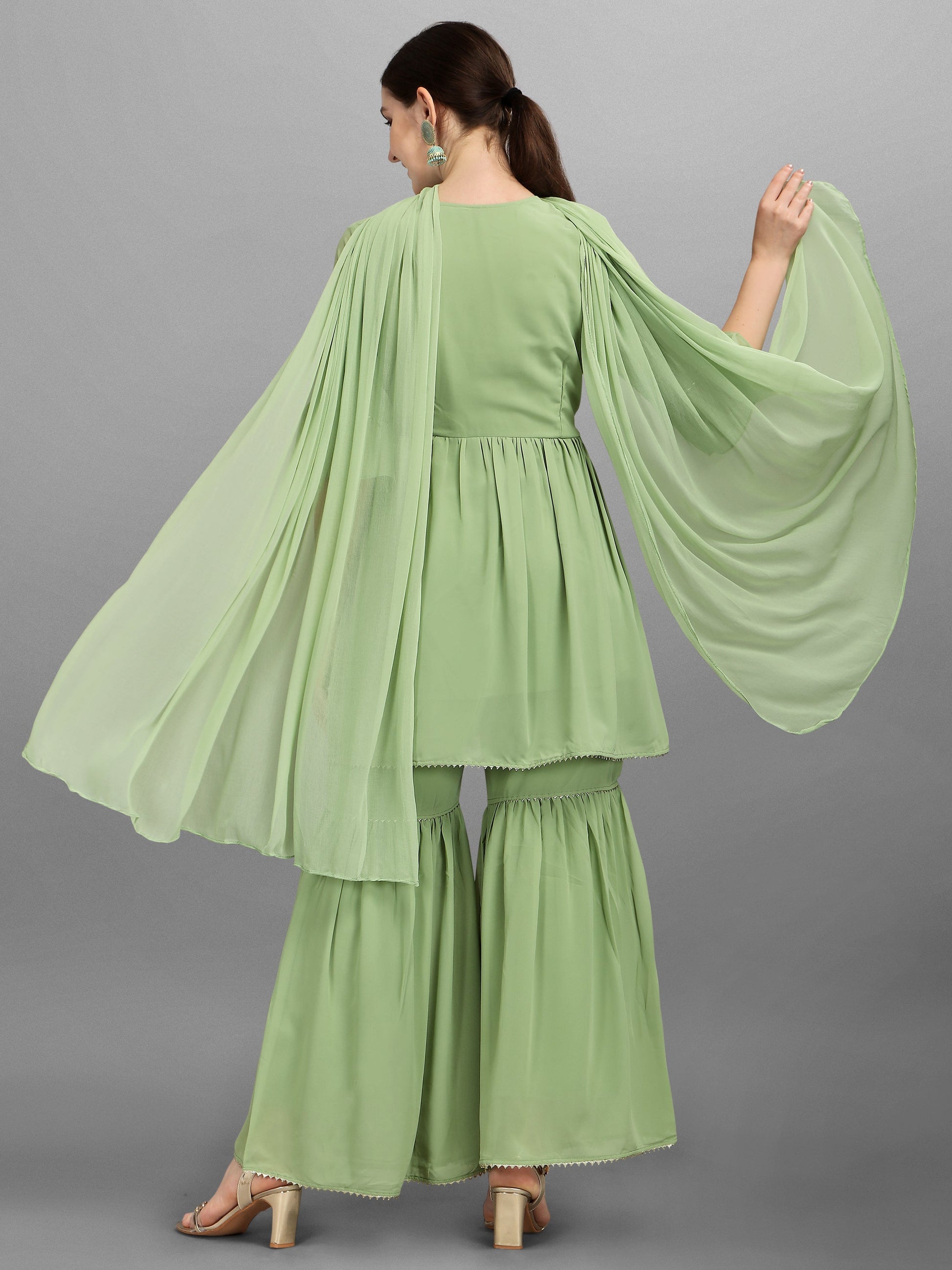 Hand Embroidered Georgette Kurta With Sharara & Dupatta Set, Multicolor - Hiral Fashion