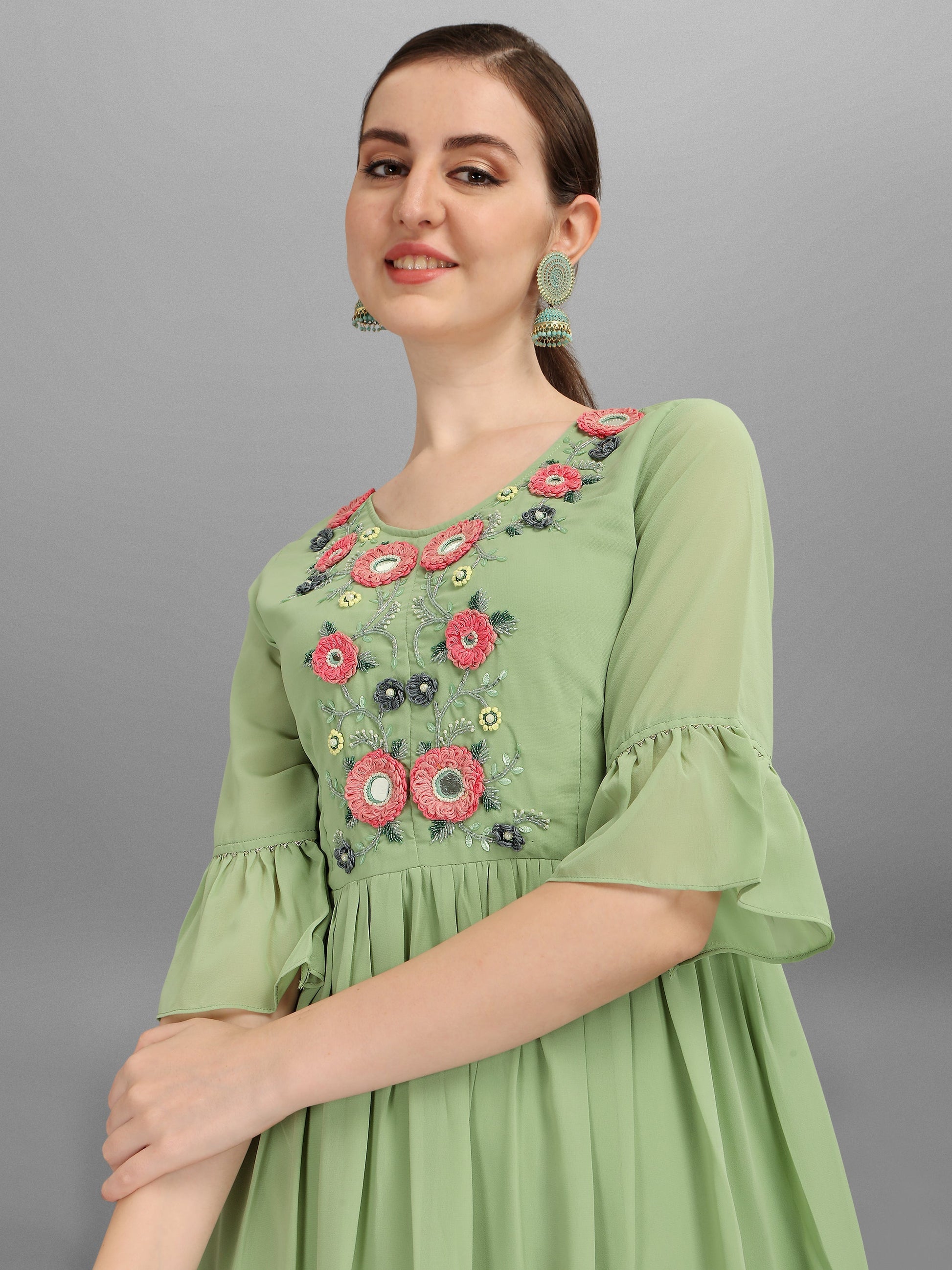 Hand Embroidered Georgette Kurta With Sharara & Dupatta Set, Multicolor - Hiral Fashion