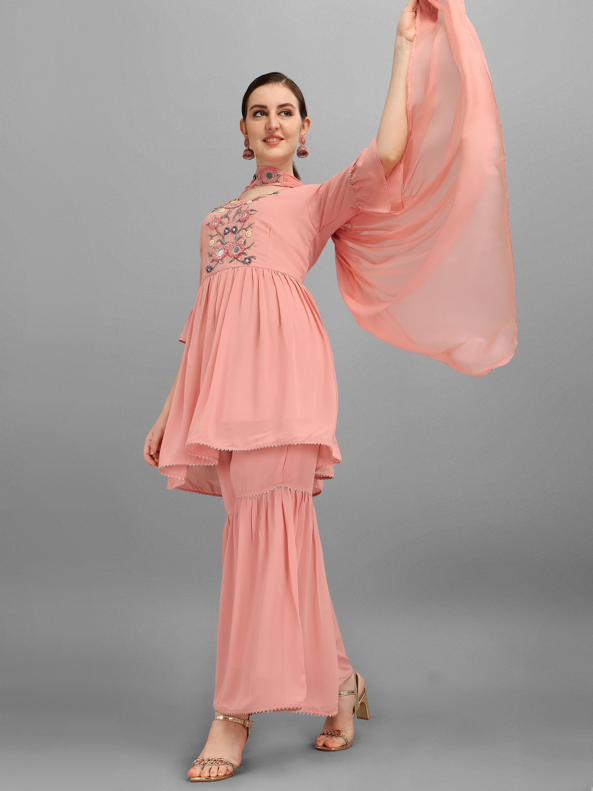 Georgette Embellished Kurta With Sharara & Dupatta Set, Multicolor - Hiral Fashion