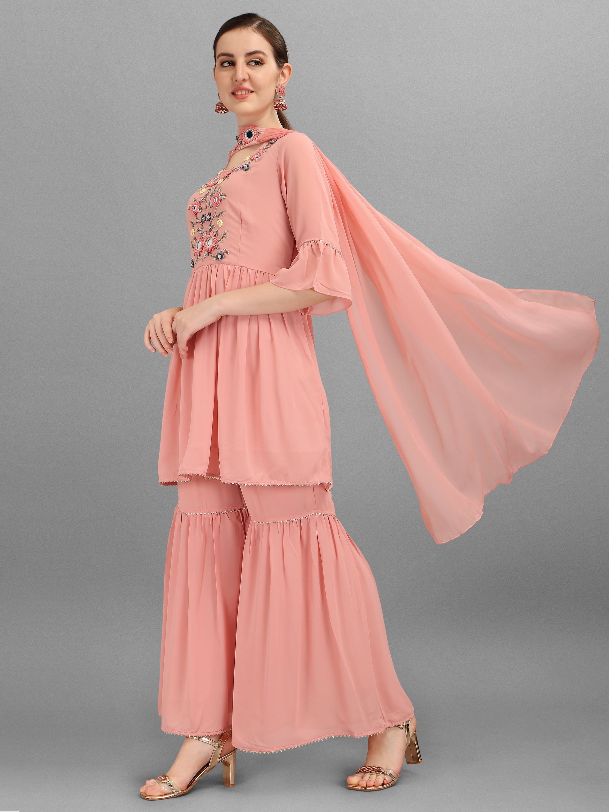 Georgette Embellished Kurta With Sharara & Dupatta Set, Multicolor - Hiral Fashion