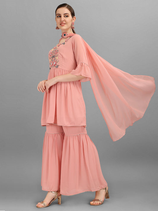 Georgette Embellished Kurta With Sharara & Dupatta Set, Multicolor - Hiral Fashion
