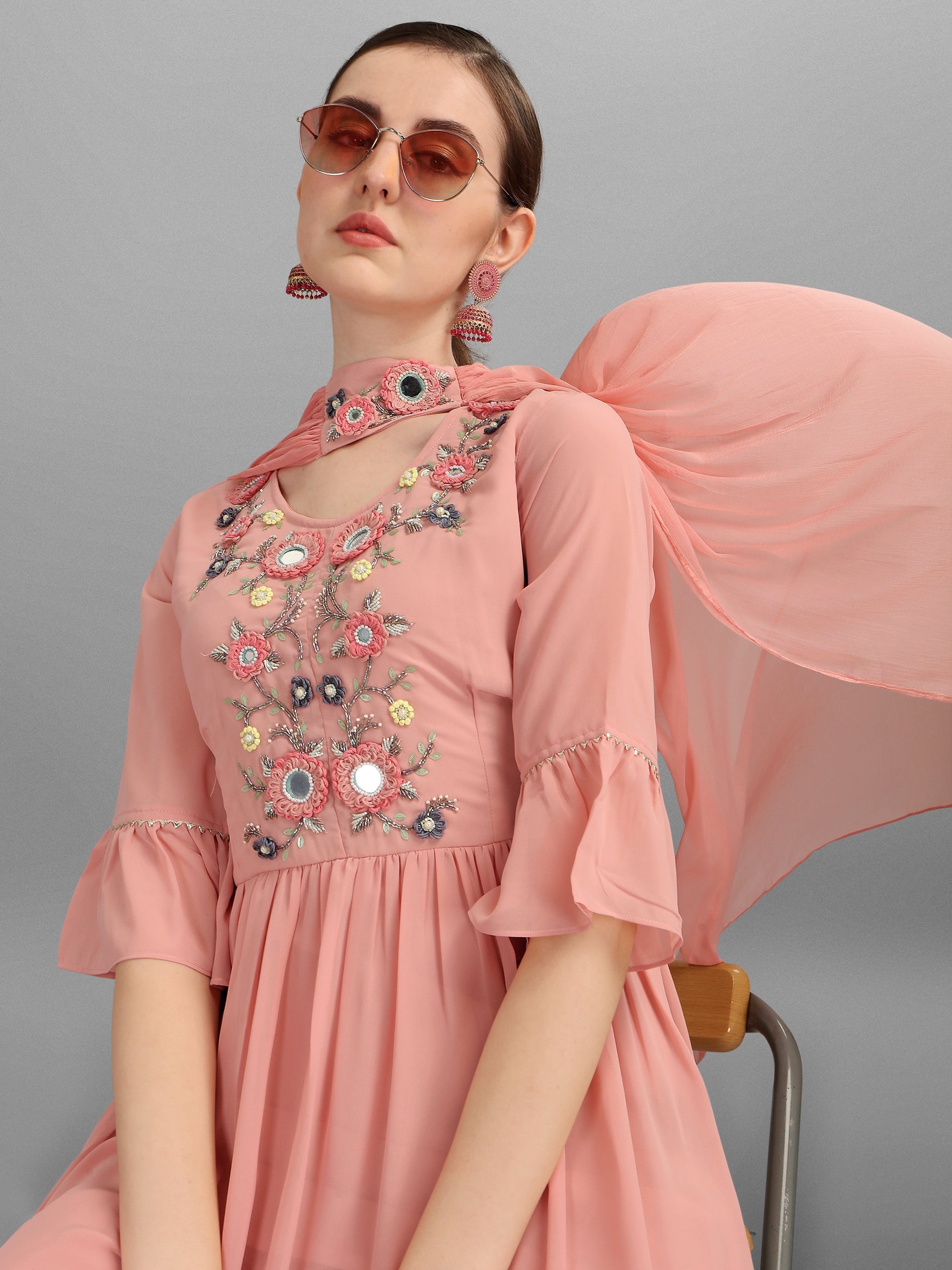 Georgette Embellished Kurta With Sharara & Dupatta Set, Multicolor - Hiral Fashion