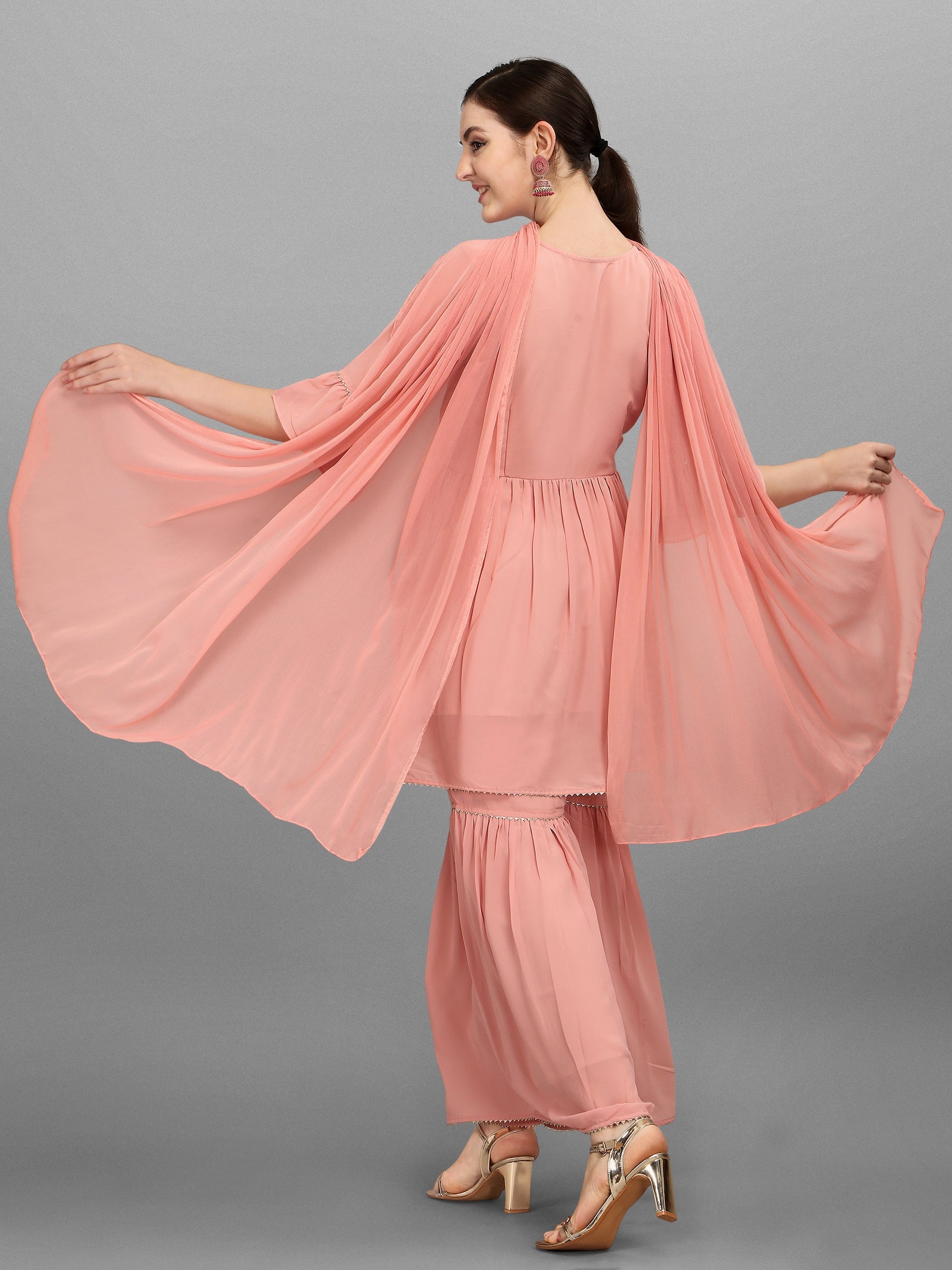Georgette Embellished Kurta With Sharara & Dupatta Set, Multicolor - Hiral Fashion