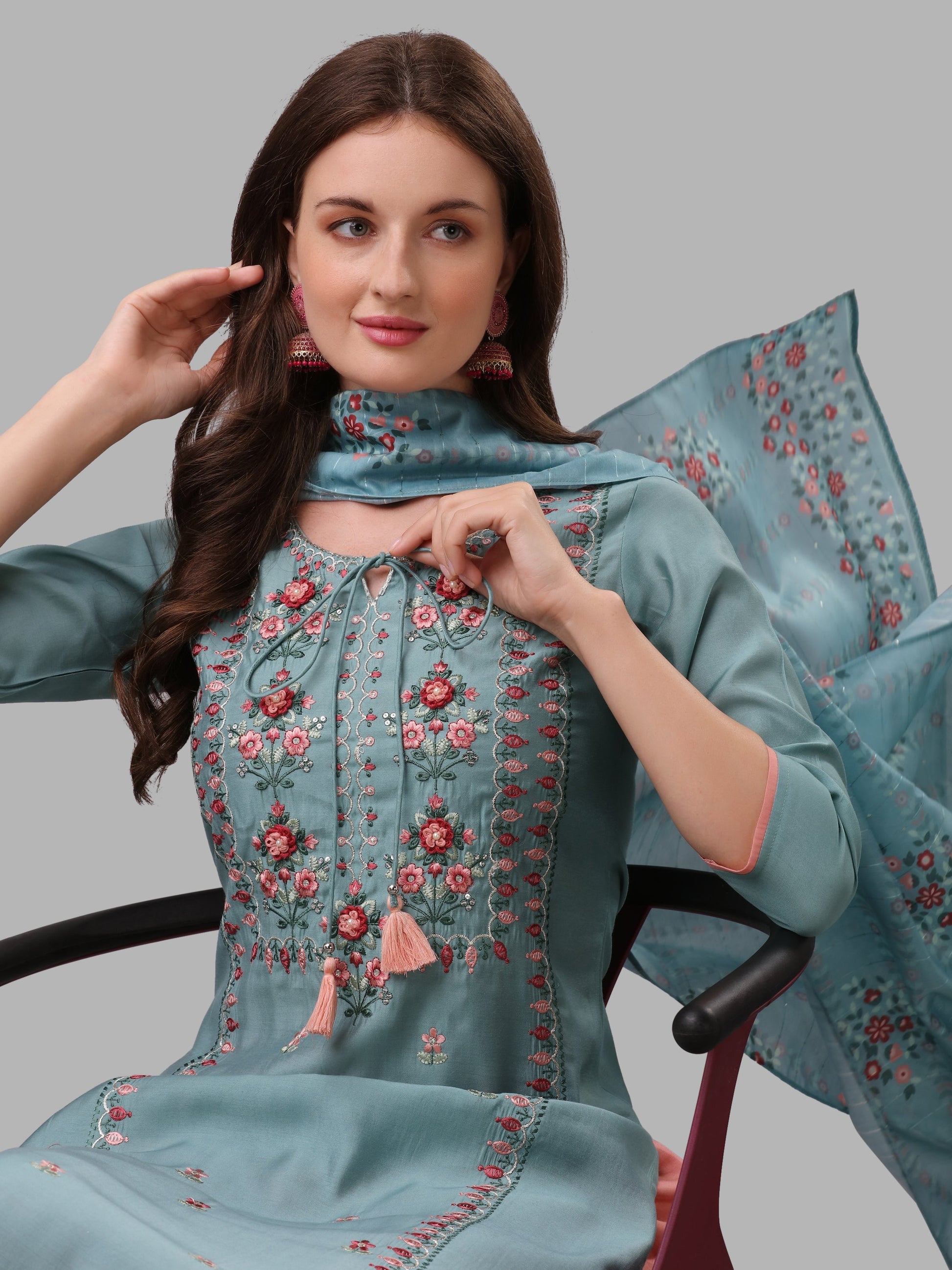 Blue Embroidered Kurta Pant & Dupatta Set, Multicolor - Hiral Fashion