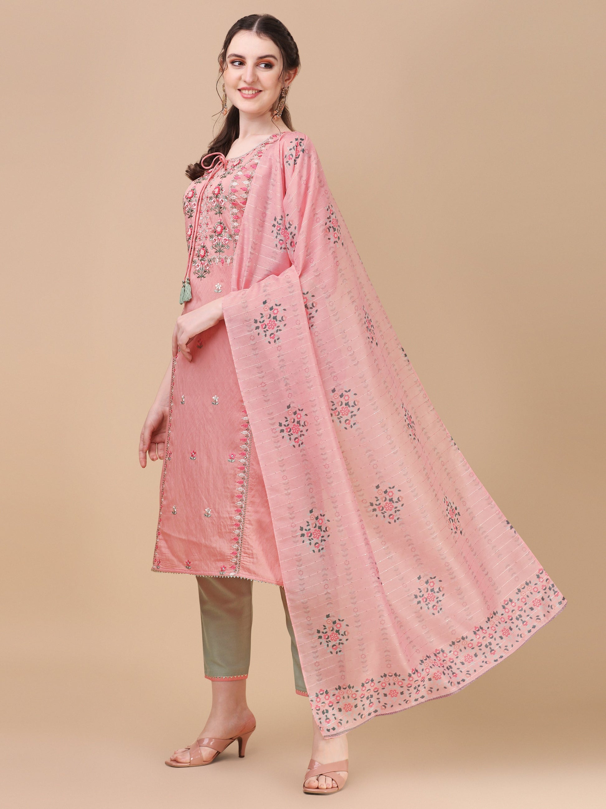 Pink Embroidered Kurta Pant & Dupatta Set, Multicolor - Hiral Fashion