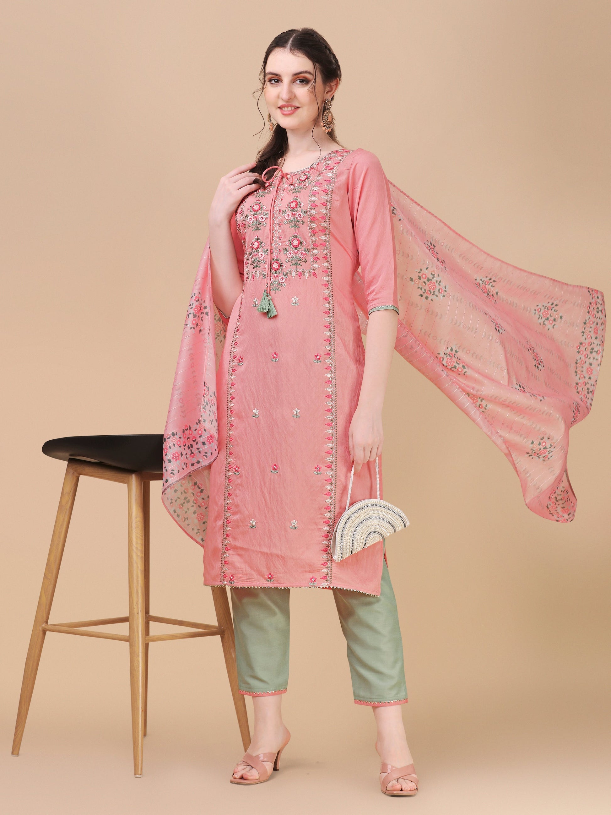 Pink Embroidered Kurta Pant & Dupatta Set, Multicolor - Hiral Fashion
