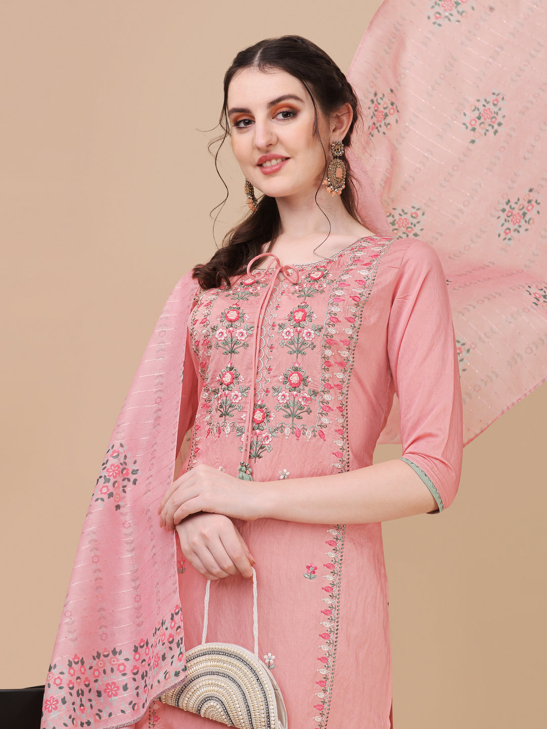 Pink Embroidered Kurta Pant & Dupatta Set, Multicolor - Hiral Fashion