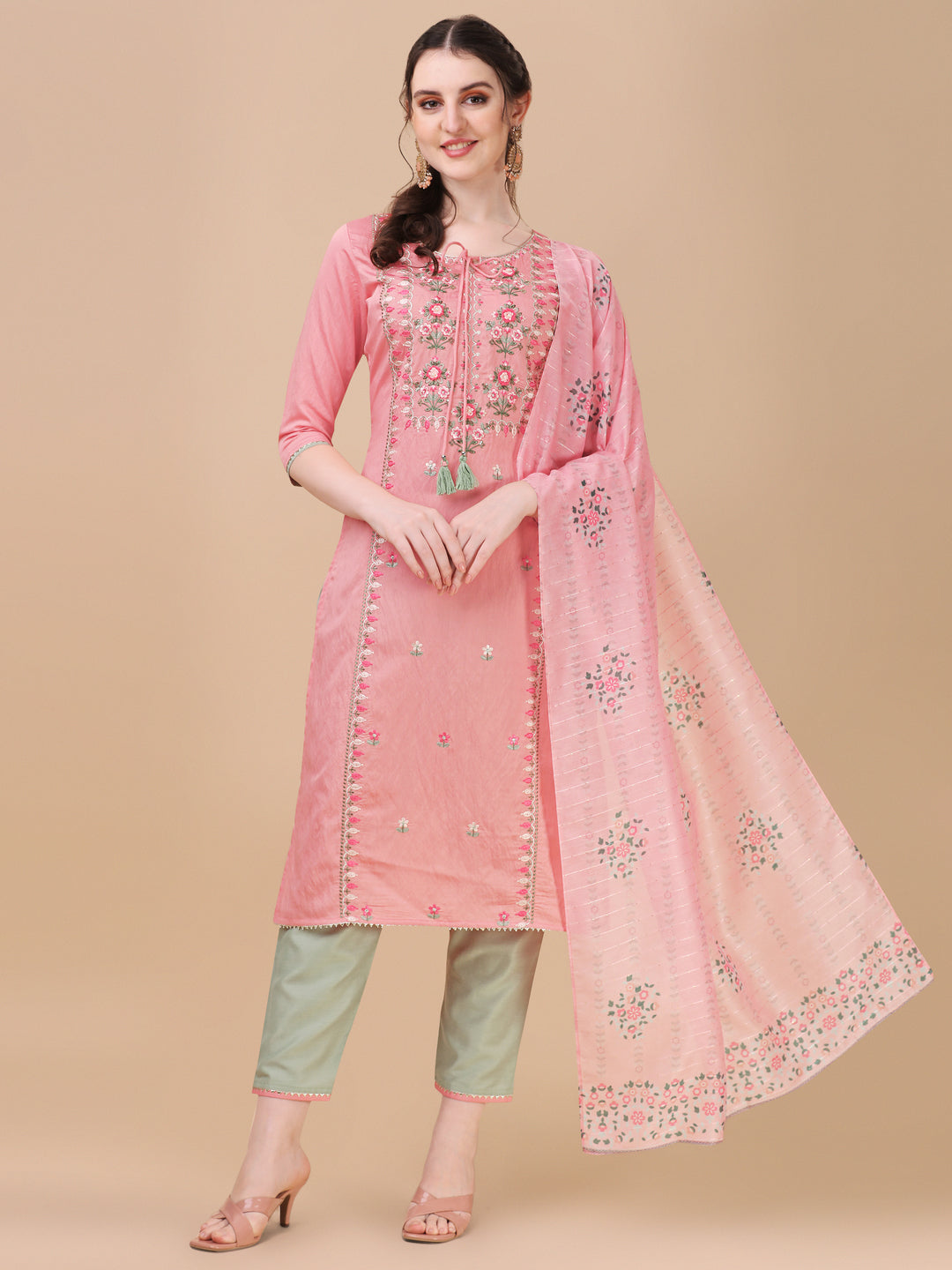 Pink Embroidered Kurta Pant & Dupatta Set, Multicolor - Hiral Fashion