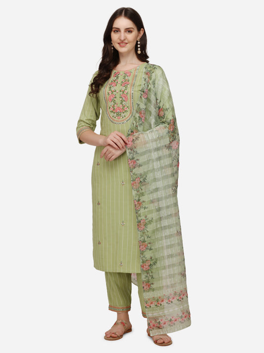 Embroidered Kurta With Pant & Dupatta Set, Multicolor - Hiral Fashion