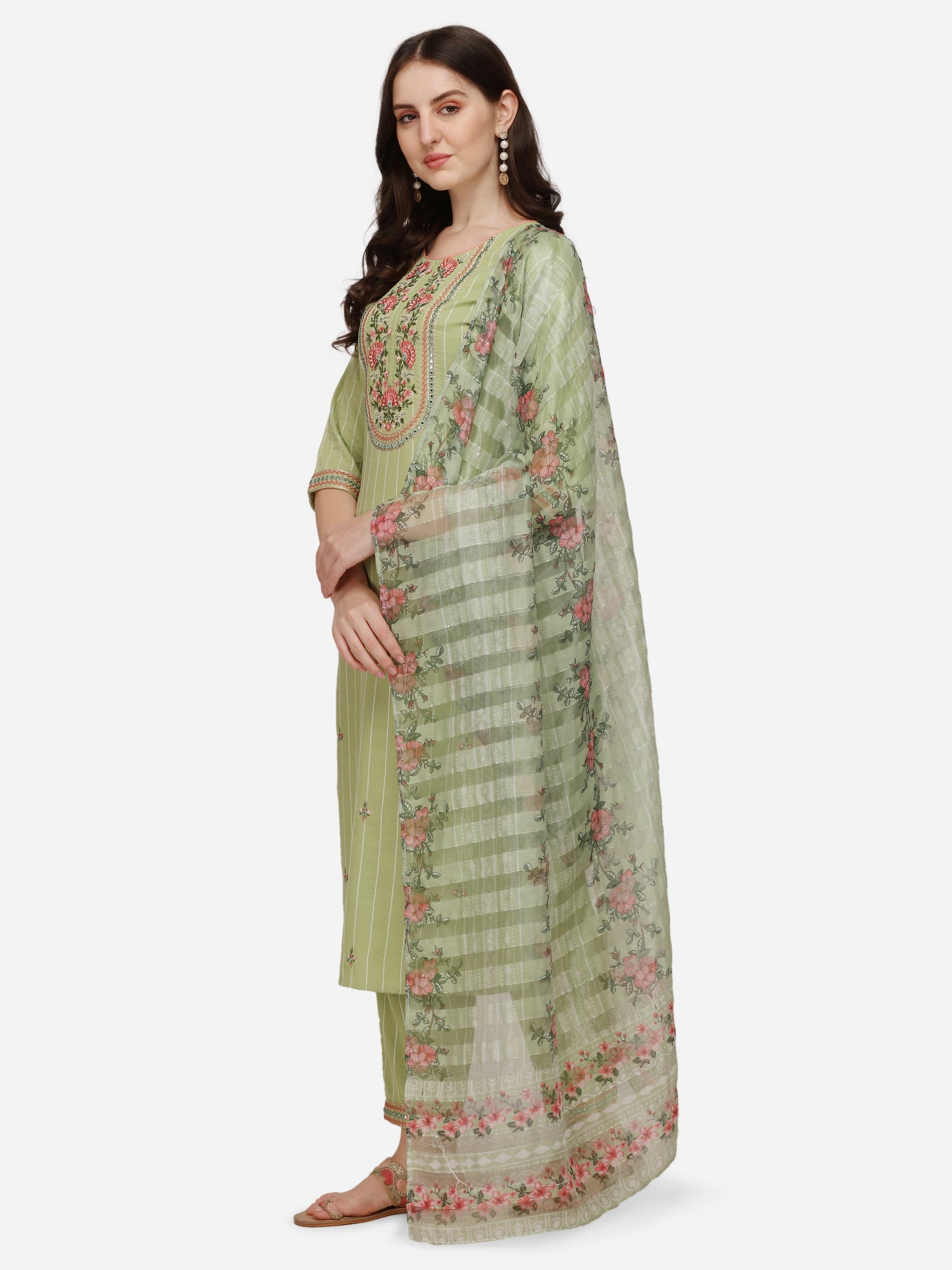 Embroidered Kurta With Pant & Dupatta Set, Multicolor - Hiral Fashion