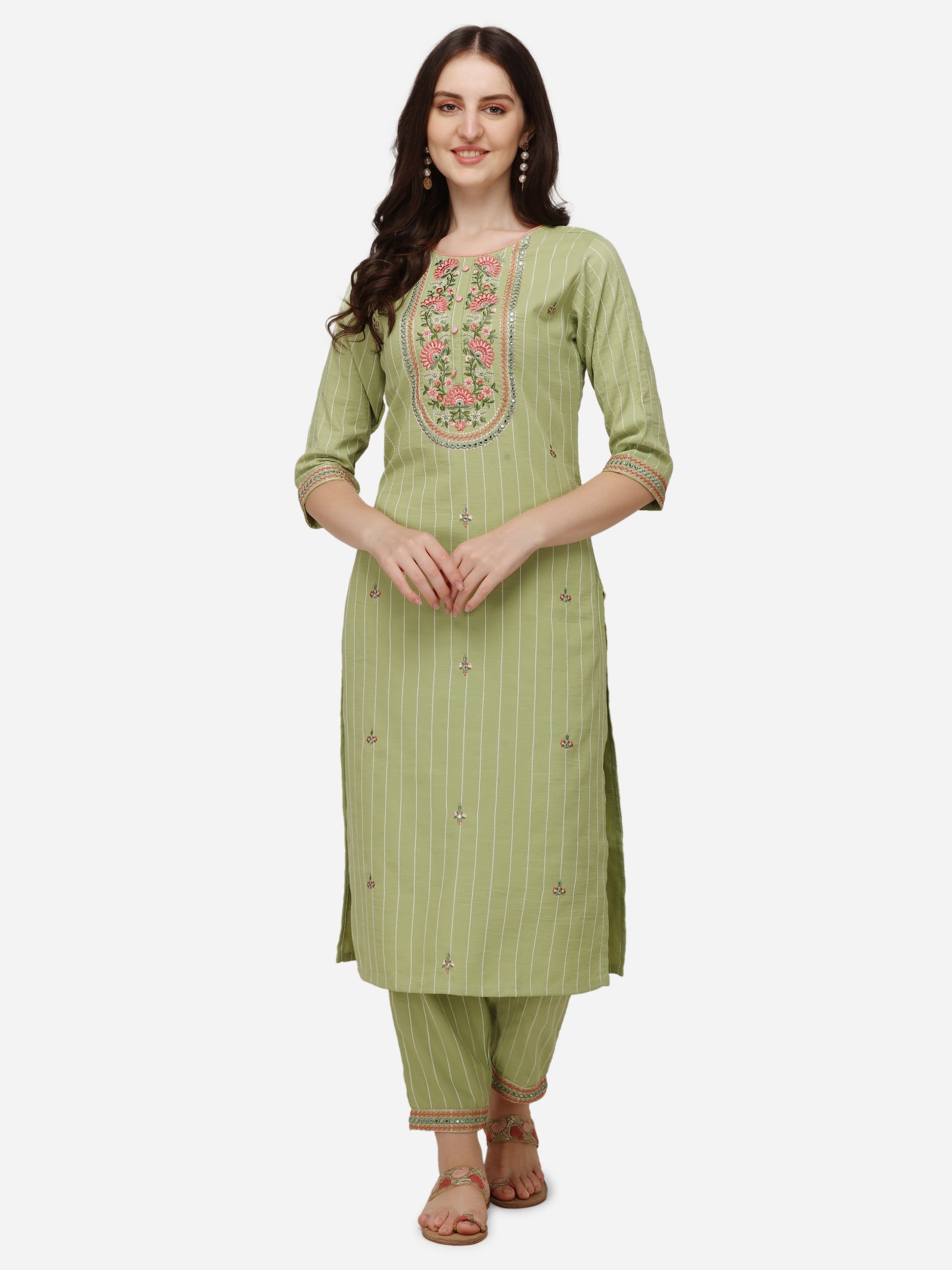 Embroidered Kurta With Pant & Dupatta Set, Multicolor - Hiral Fashion