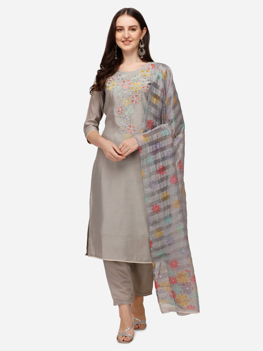 Hand Embroidered Kurta With Pant & Printed Dupatta Set, Multicolor - Hiral Fashion