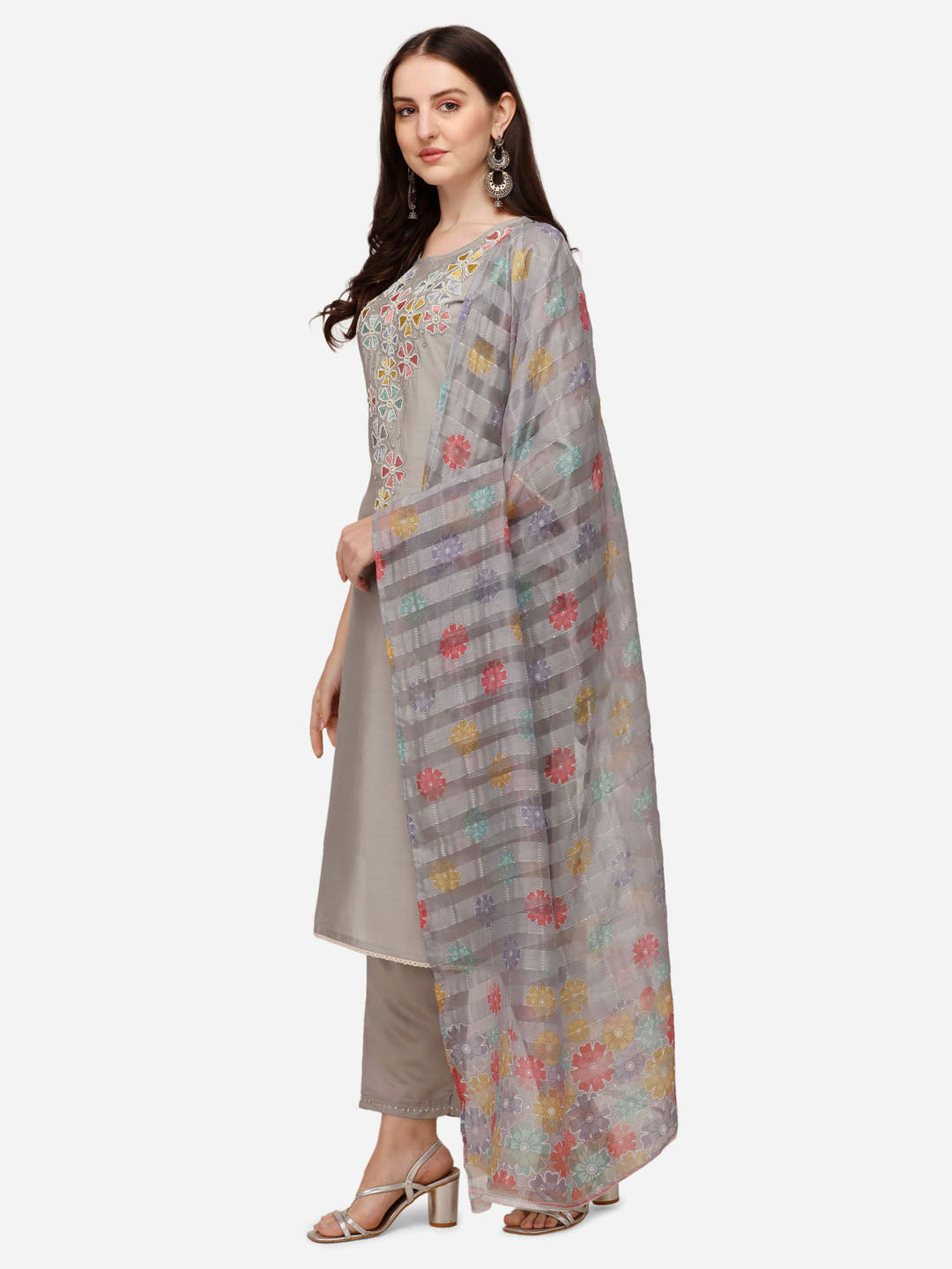 Hand Embroidered Kurta With Pant & Printed Dupatta Set, Multicolor - Hiral Fashion