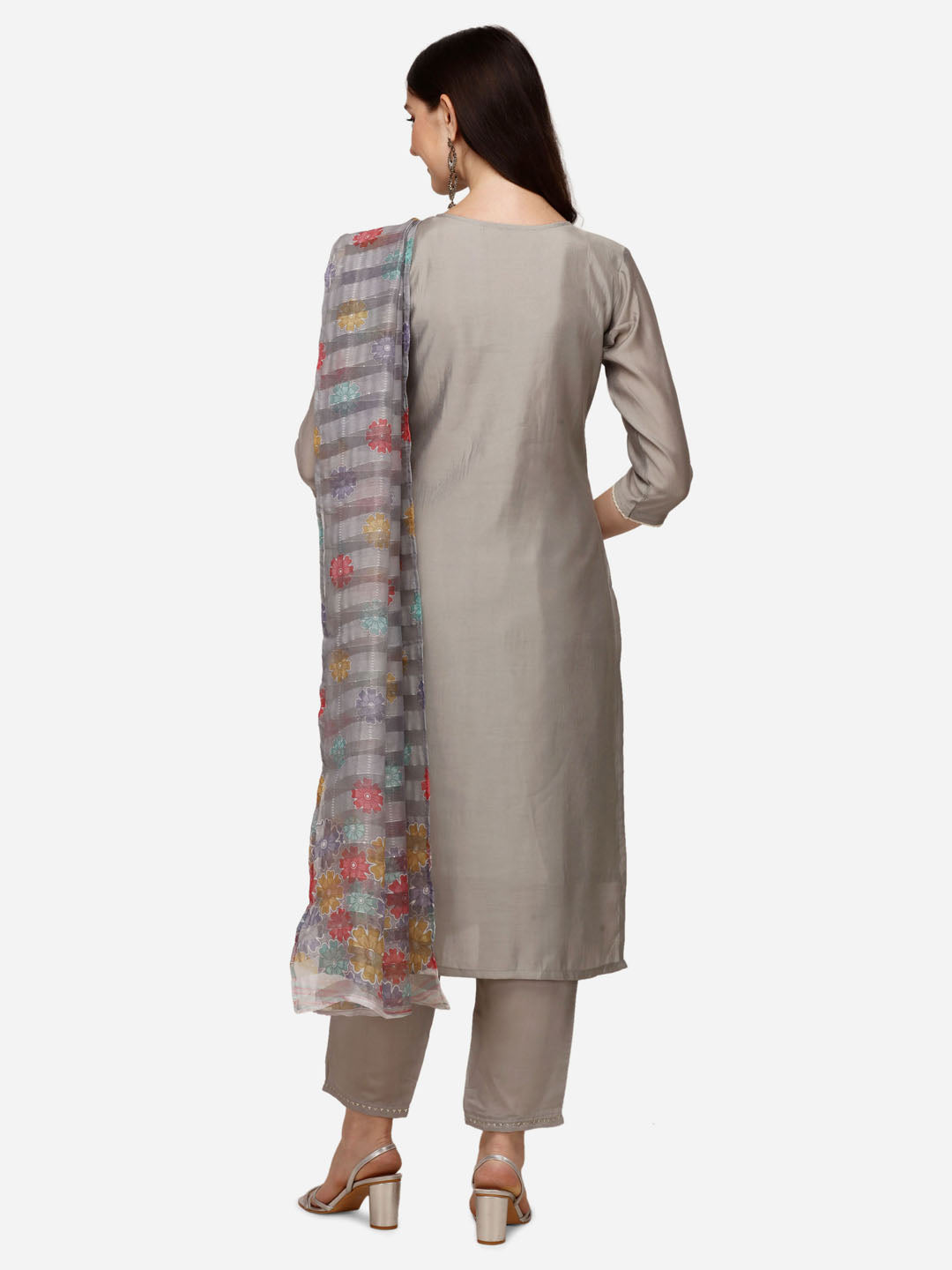 Hand Embroidered Kurta With Pant & Printed Dupatta Set, Multicolor - Hiral Fashion