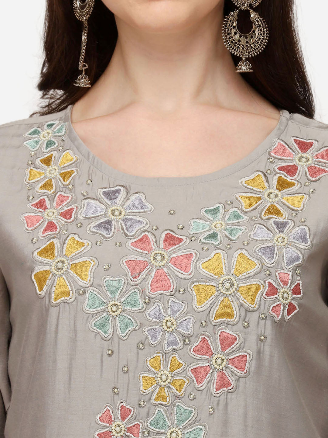 Hand Embroidered Kurta With Pant & Printed Dupatta Set, Multicolor - Hiral Fashion