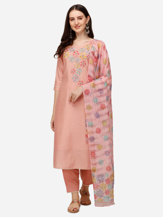 Hand Embroidered Kurta With Pant & Printed Dupatta Set, Multicolor - Hiral Fashion