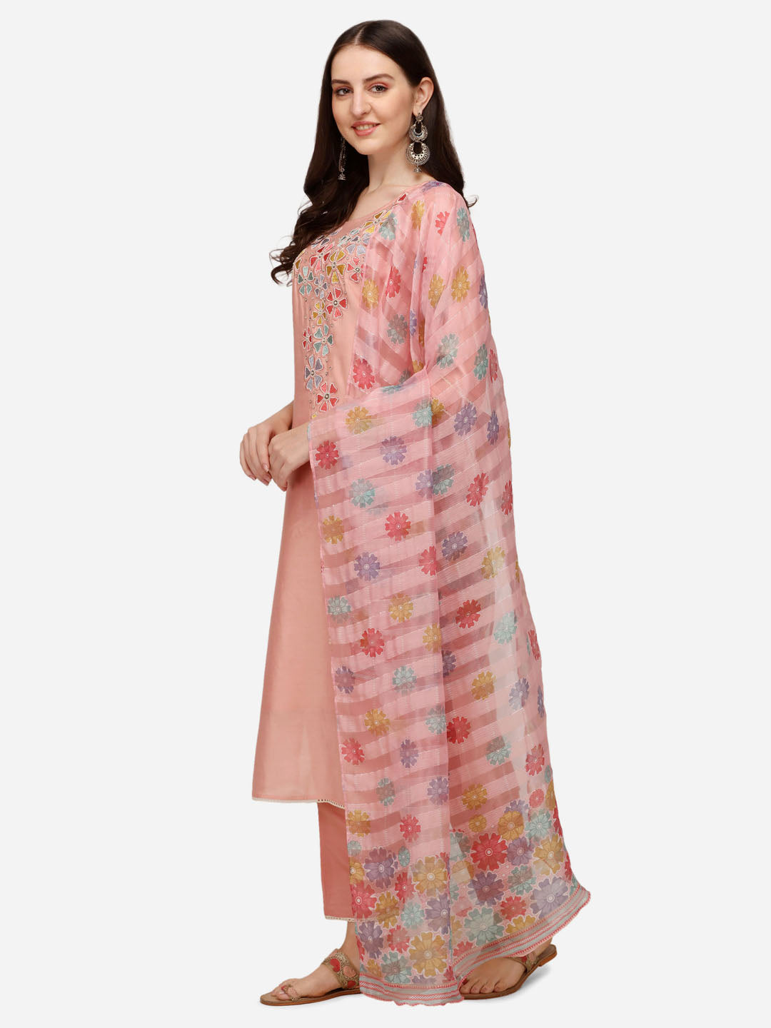 Hand Embroidered Kurta With Pant & Printed Dupatta Set, Multicolor - Hiral Fashion