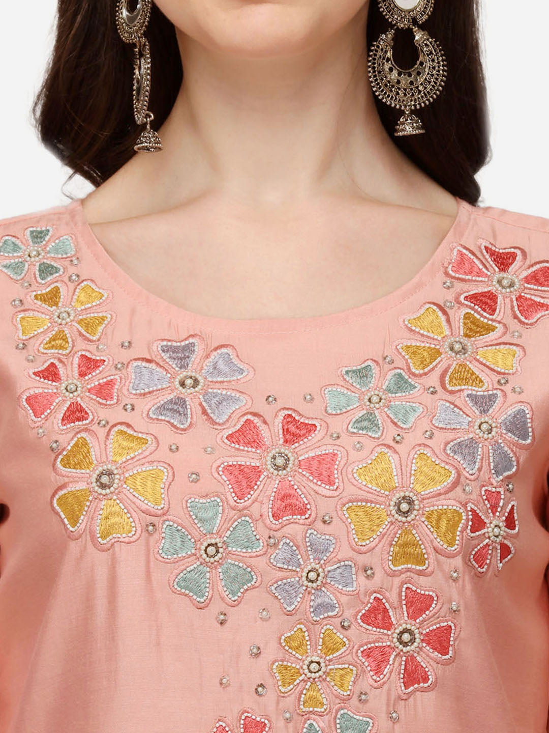 Hand Embroidered Kurta With Pant & Printed Dupatta Set, Multicolor - Hiral Fashion