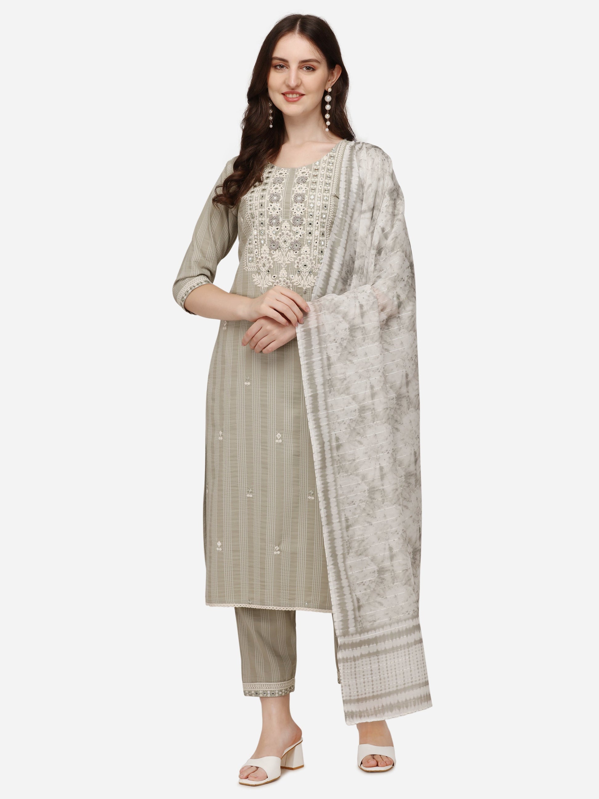 Floral Embroidered & Thread Work Kurta With Pant & Dupatta Set, Multicolor - Hiral Fashion