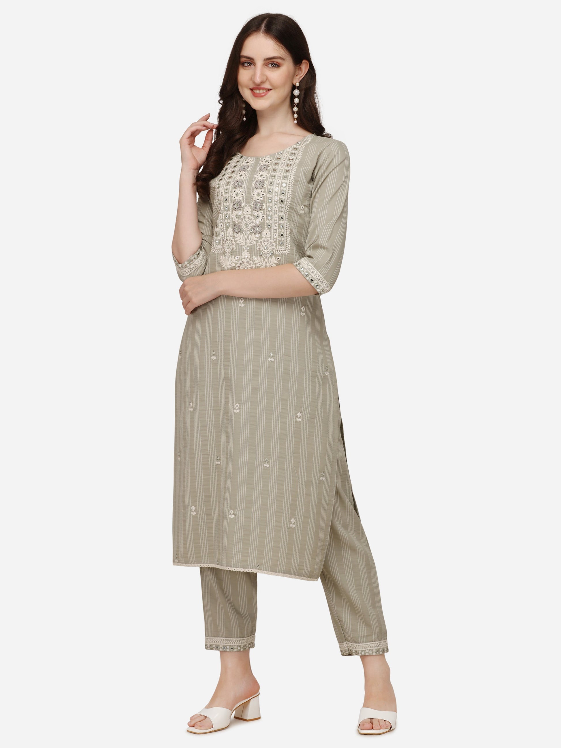 Floral Embroidered & Thread Work Kurta With Pant & Dupatta Set, Multicolor - Hiral Fashion