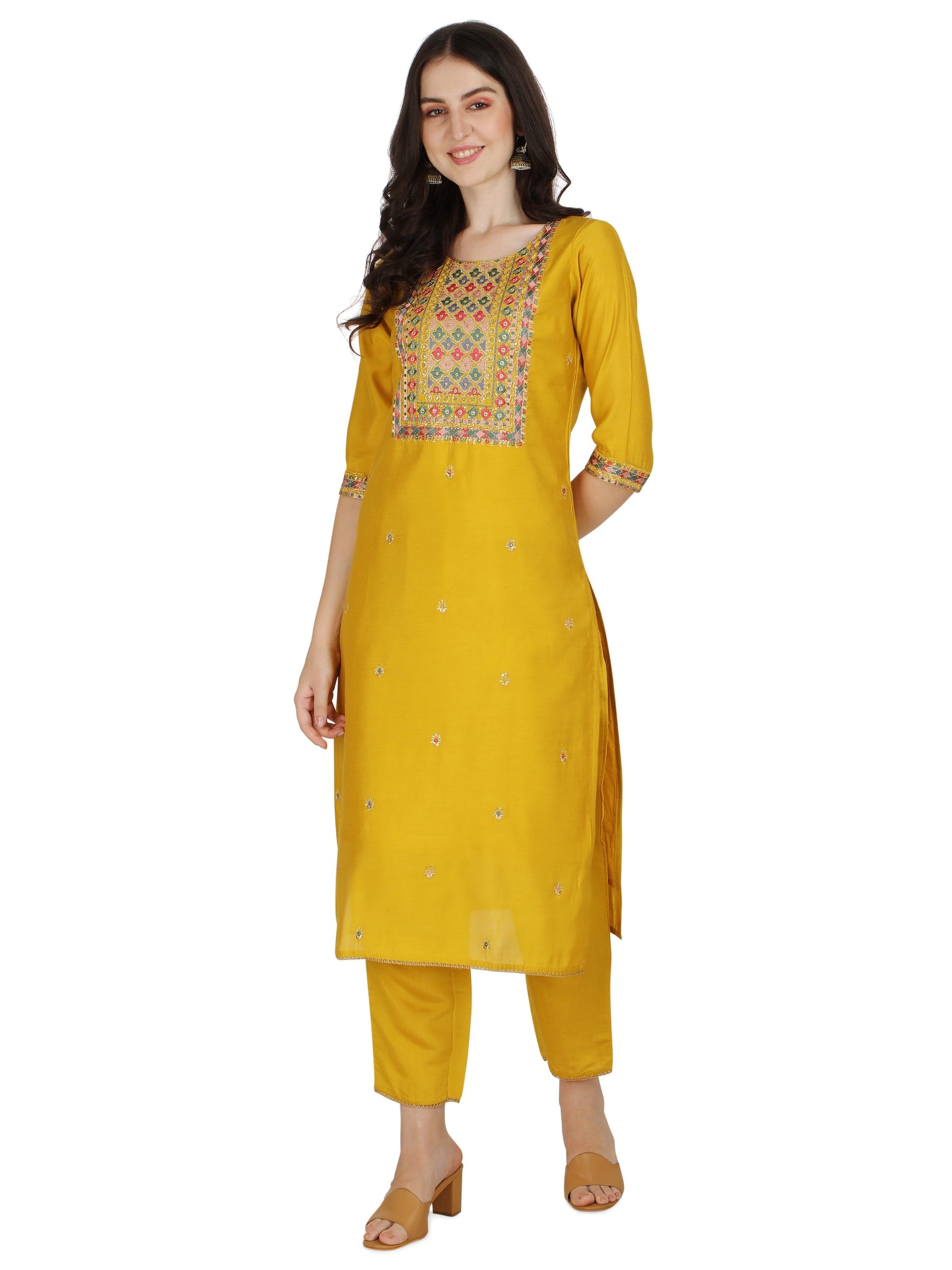 Embroidered Kurta With Pant & Printed Dupatta Set, Multicolor - Hiral Fashion