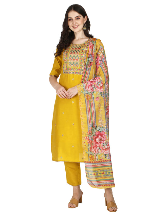 Embroidered Kurta With Pant & Printed Dupatta Set, Multicolor - Hiral Fashion