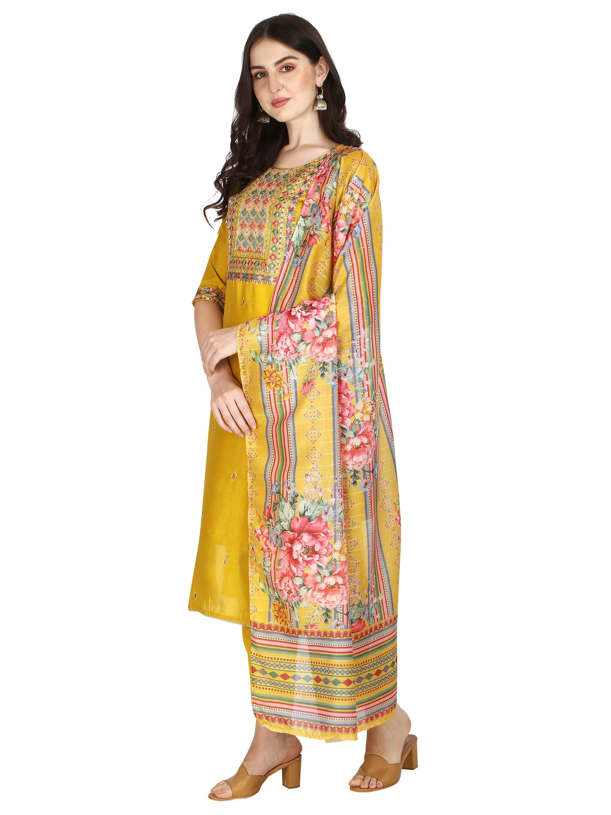Embroidered Kurta With Pant & Printed Dupatta Set, Multicolor - Hiral Fashion