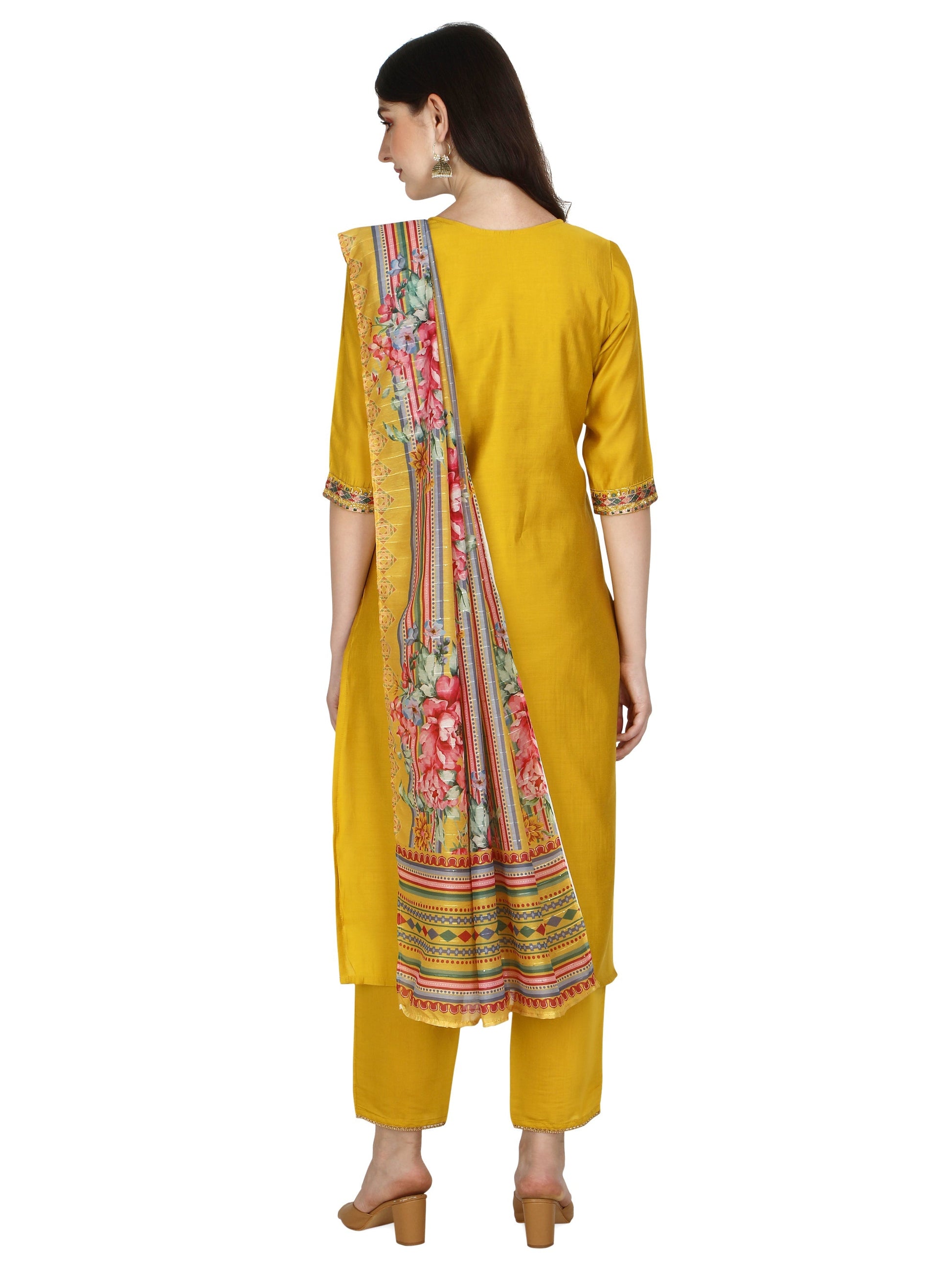 Embroidered Kurta With Pant & Printed Dupatta Set, Multicolor - Hiral Fashion