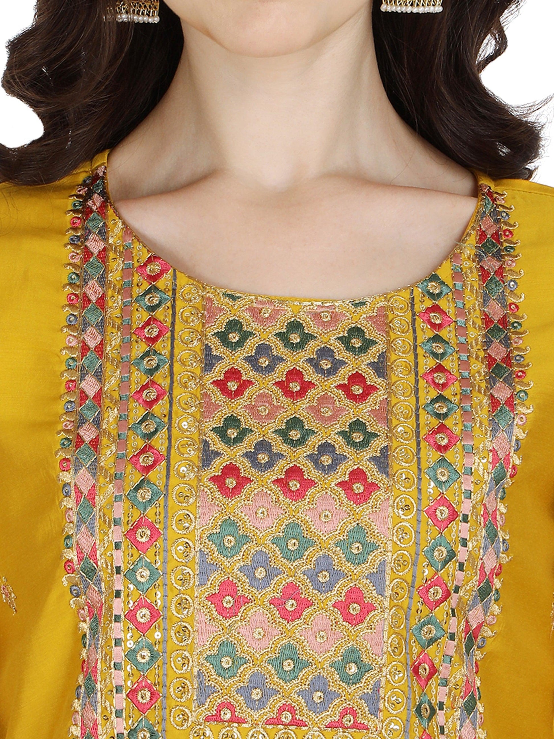 Embroidered Kurta With Pant & Printed Dupatta Set, Multicolor - Hiral Fashion
