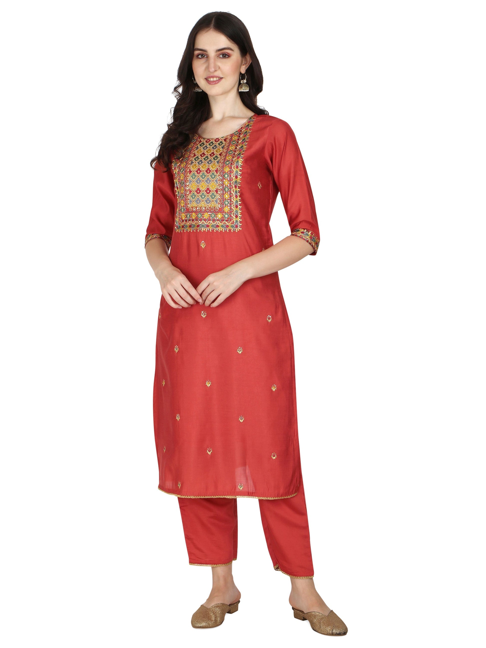 Embroidered Kurta With Pant & Printed Dupatta Set, Multicolor - Hiral Fashion