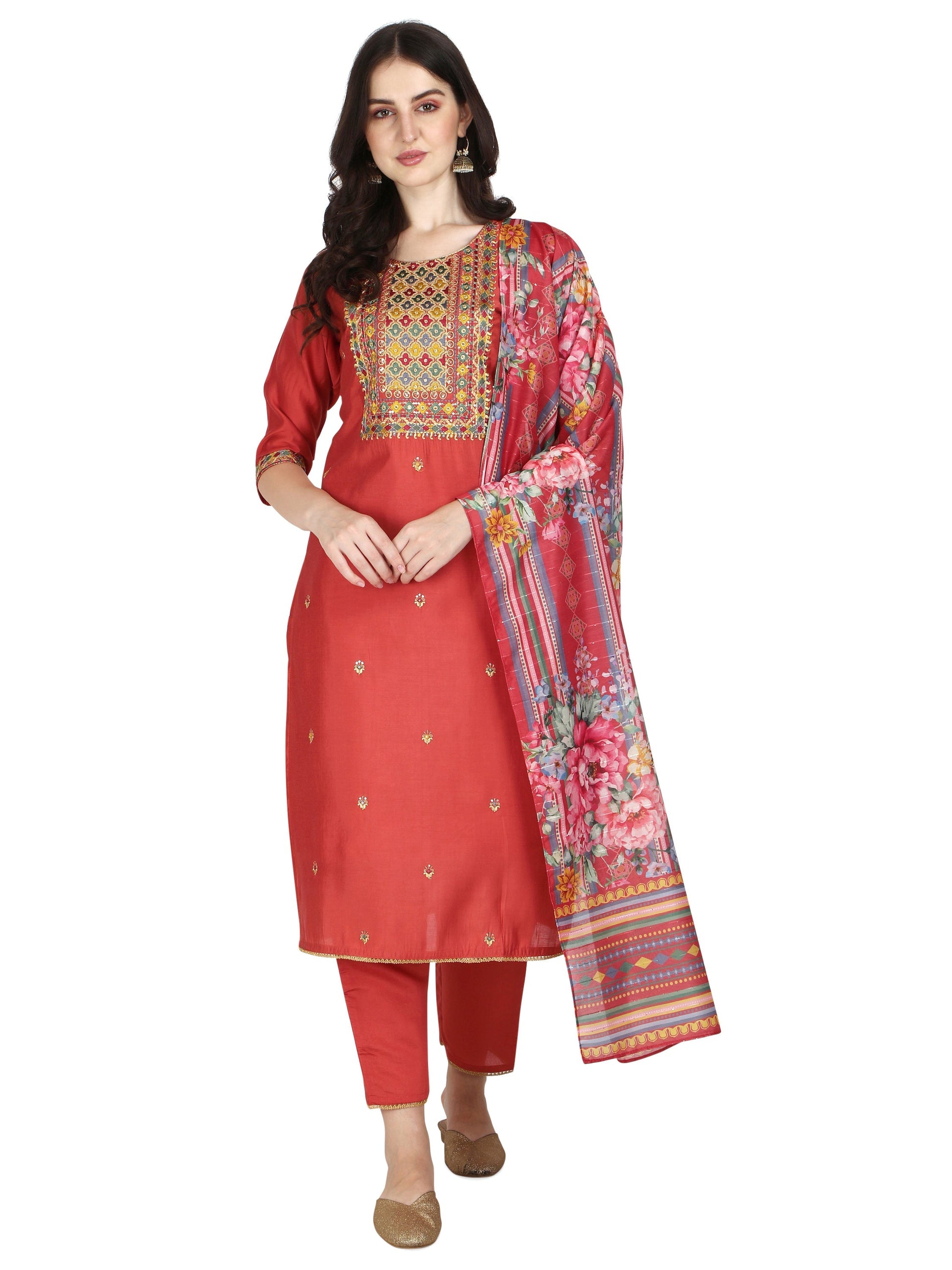 Embroidered Kurta With Pant & Printed Dupatta Set, Multicolor - Hiral Fashion