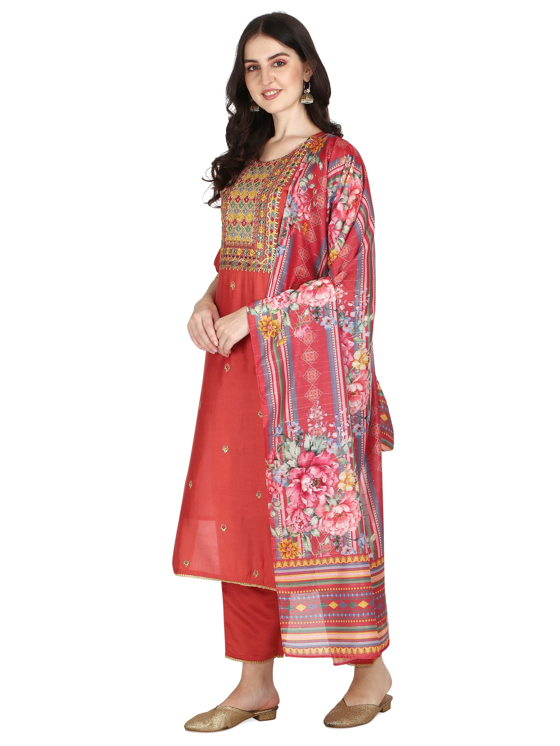 Embroidered Kurta With Pant & Printed Dupatta Set, Multicolor - Hiral Fashion