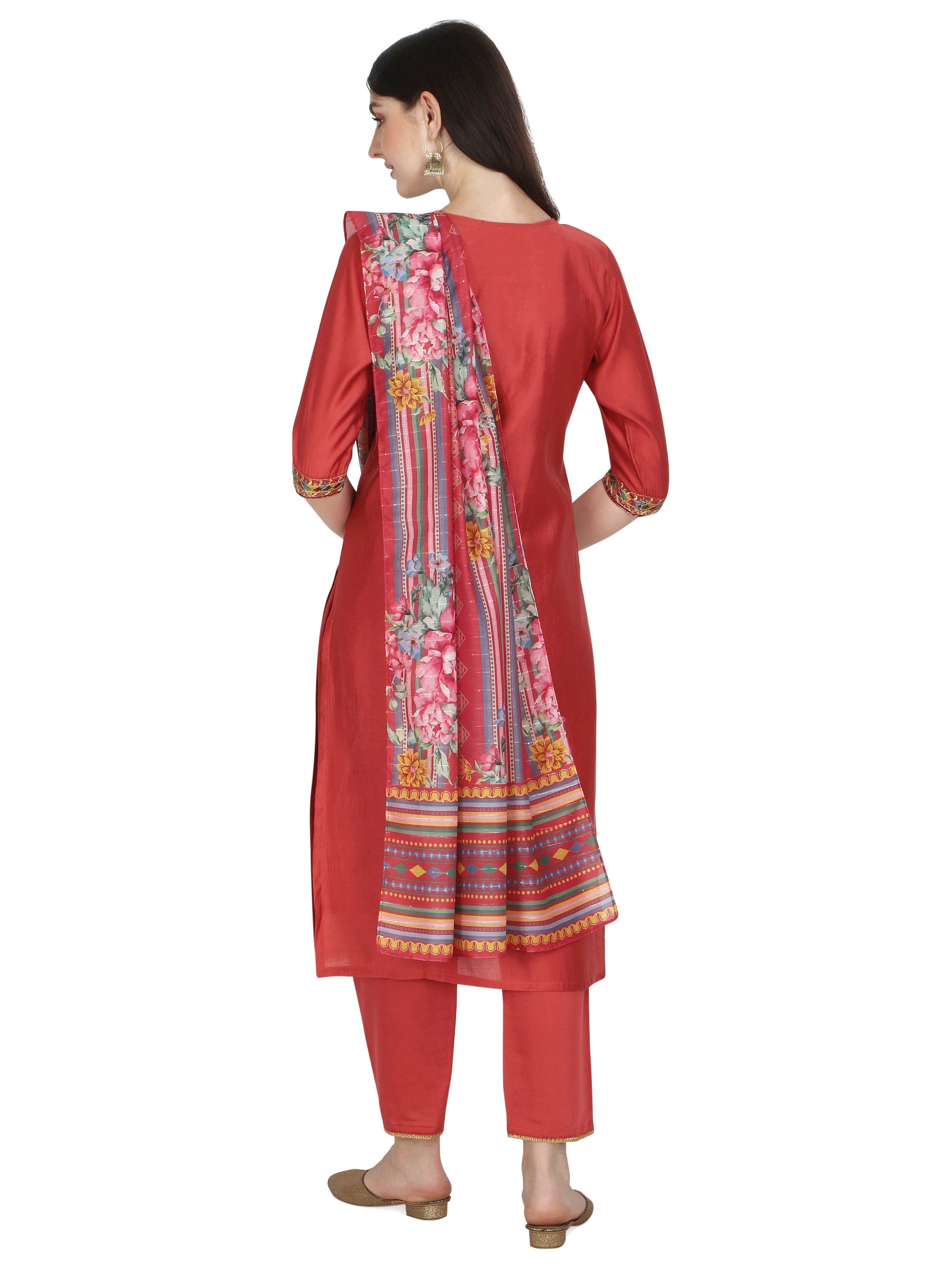 Embroidered Kurta With Pant & Printed Dupatta Set, Multicolor - Hiral Fashion