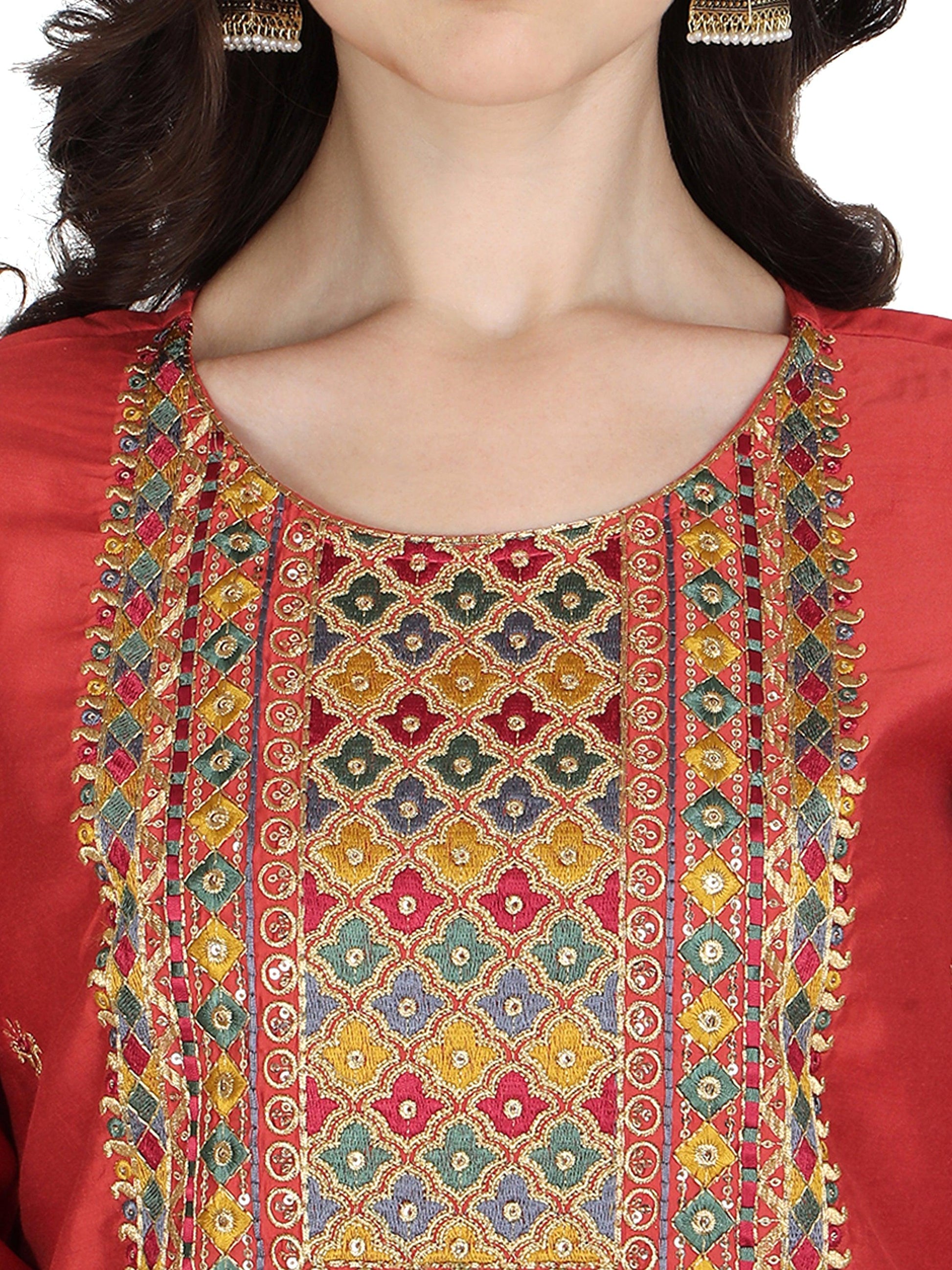 Embroidered Kurta With Pant & Printed Dupatta Set, Multicolor - Hiral Fashion