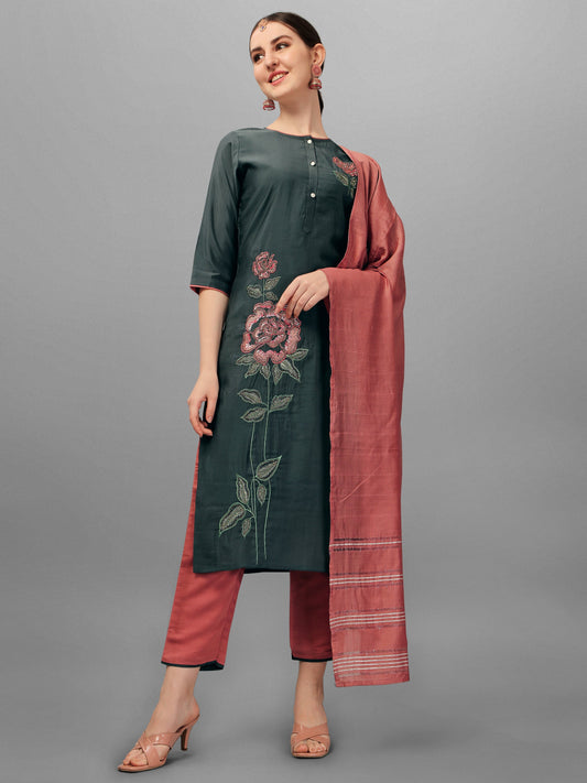 Embroidered Kurta With Pant & Dupatta Set, Multicolor - Hiral Fashion