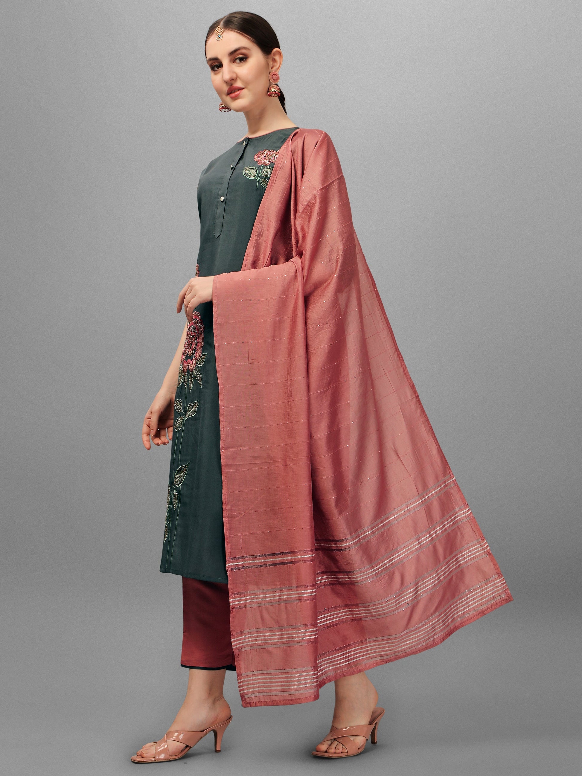 Embroidered Kurta With Pant & Dupatta Set, Multicolor - Hiral Fashion