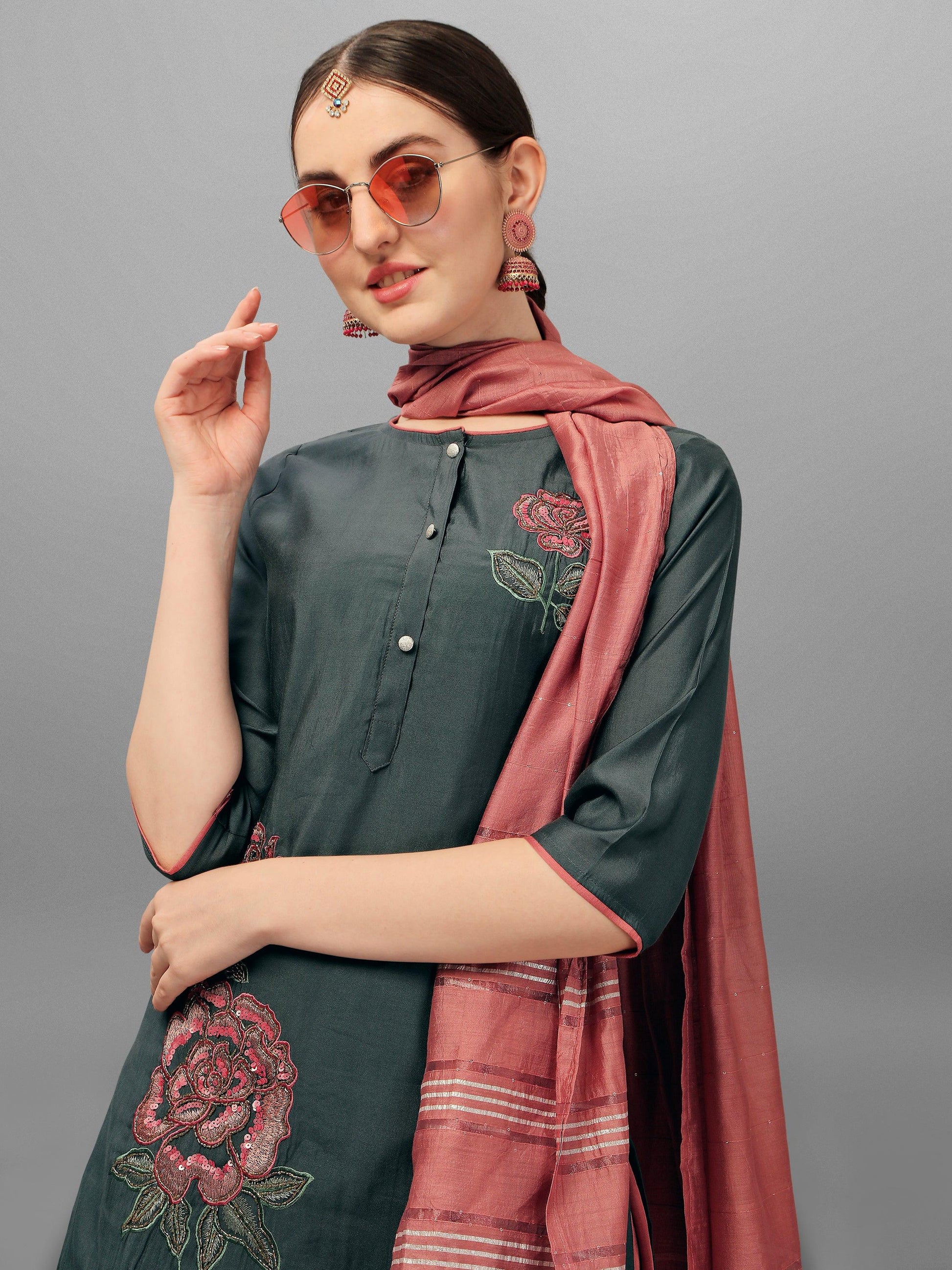 Embroidered Kurta With Pant & Dupatta Set, Multicolor - Hiral Fashion