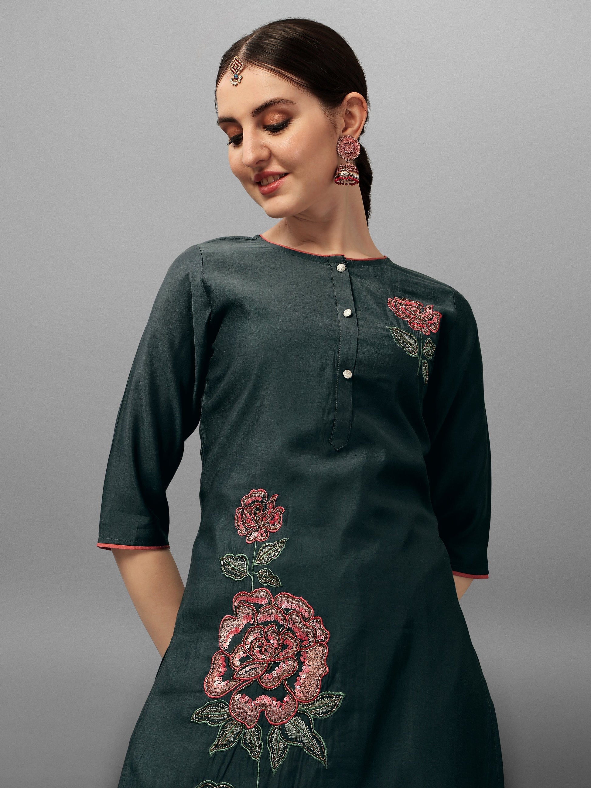 Embroidered Kurta With Pant & Dupatta Set, Multicolor - Hiral Fashion
