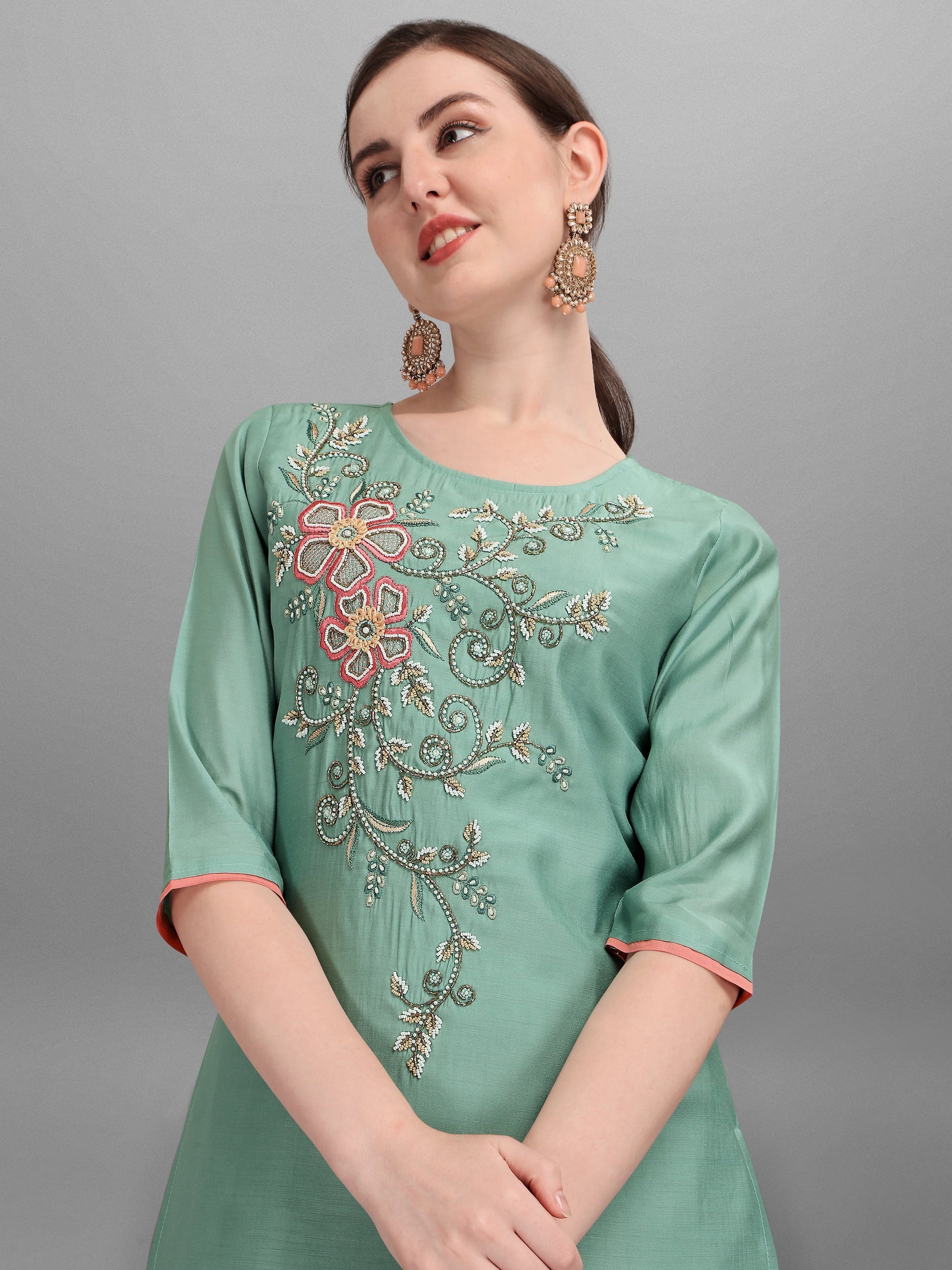 Embroidered Kurta With Pant & Dupatta Set, Multicolor - Hiral Fashion