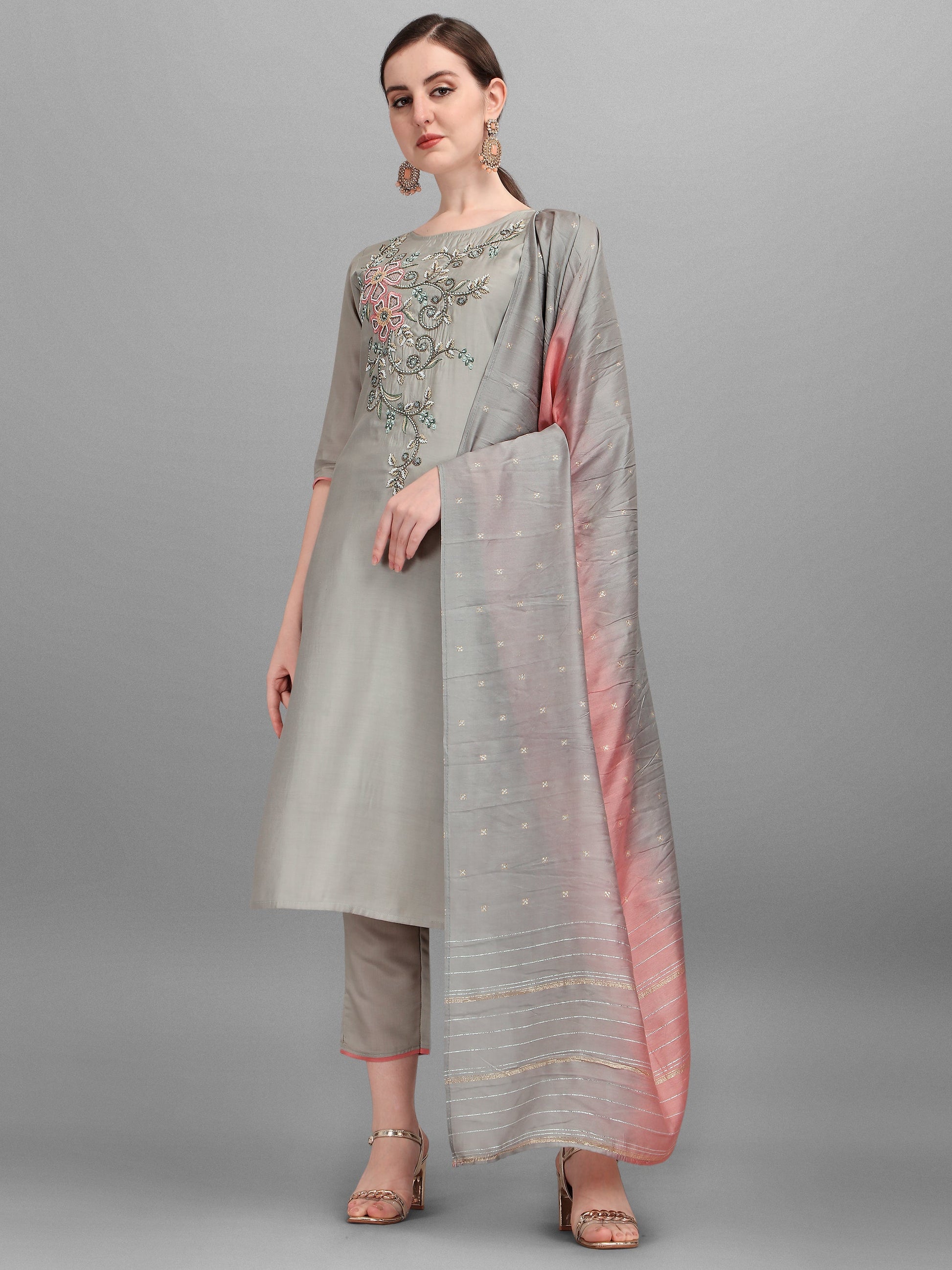 Floral Embroidered Kurta With Pant And Dupatta Set, Multicolor - Hiral Fashion