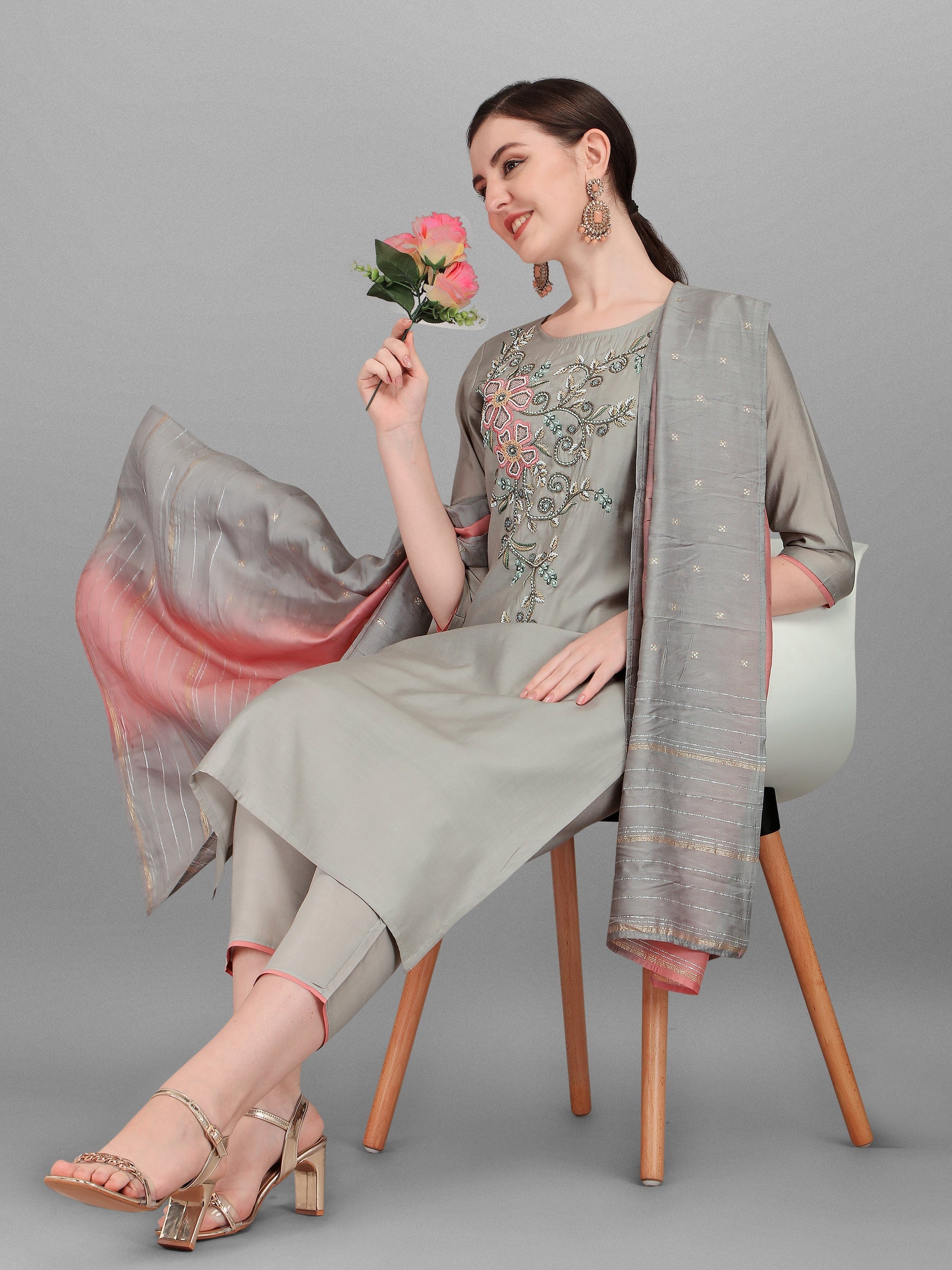 Floral Embroidered Kurta With Pant And Dupatta Set, Multicolor - Hiral Fashion