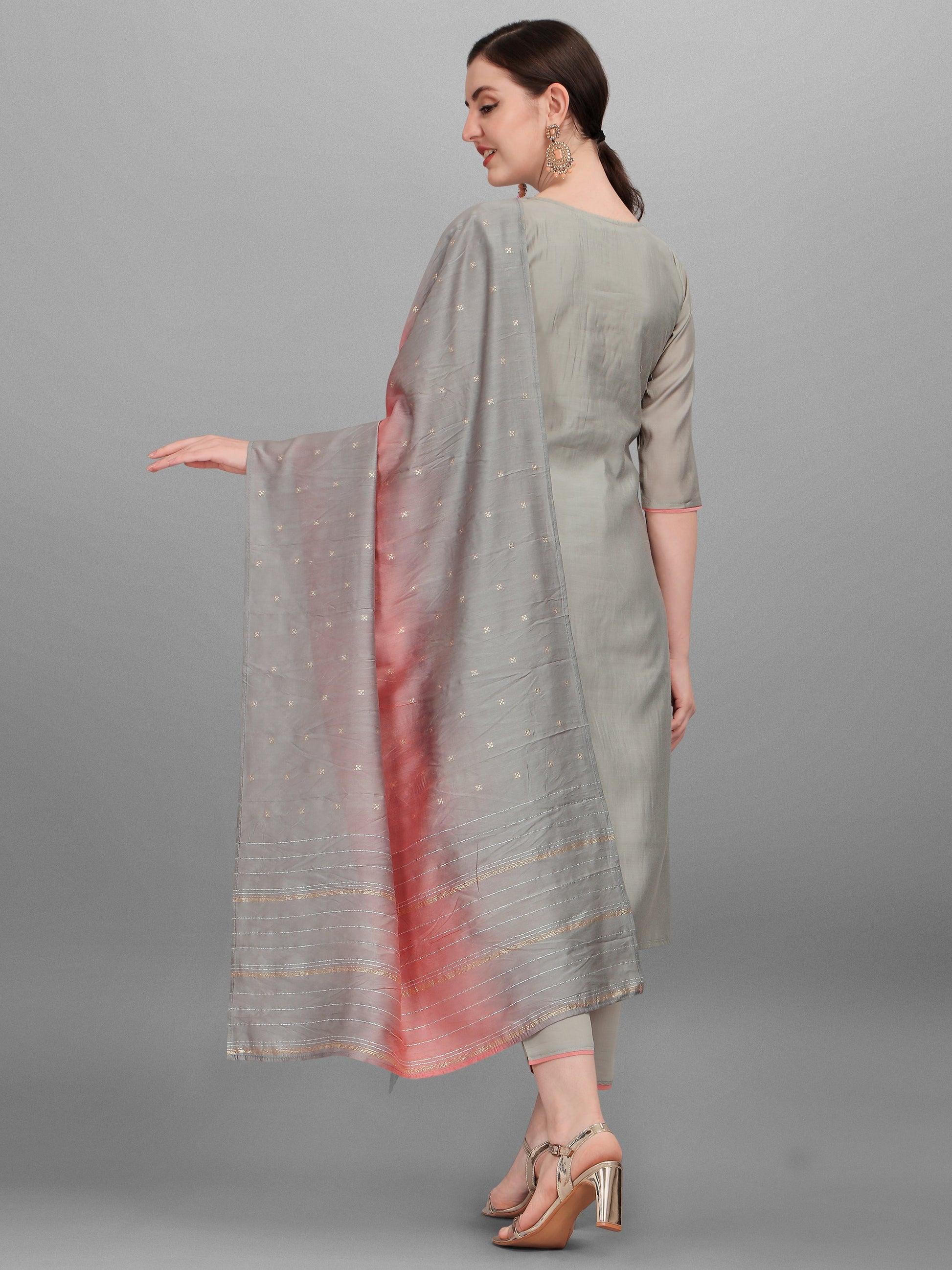 Floral Embroidered Kurta With Pant And Dupatta Set, Multicolor - Hiral Fashion