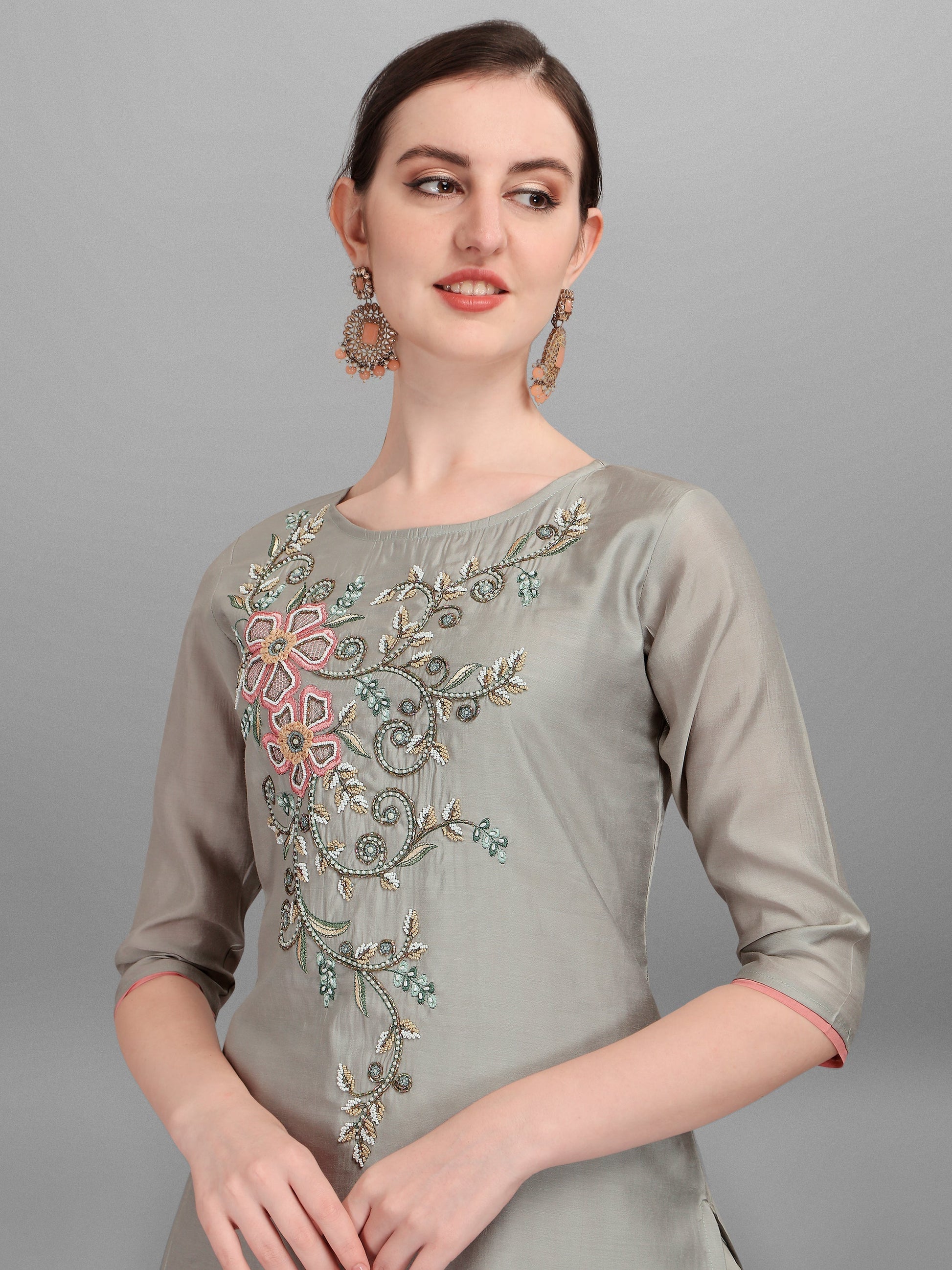 Floral Embroidered Kurta With Pant And Dupatta Set, Multicolor - Hiral Fashion