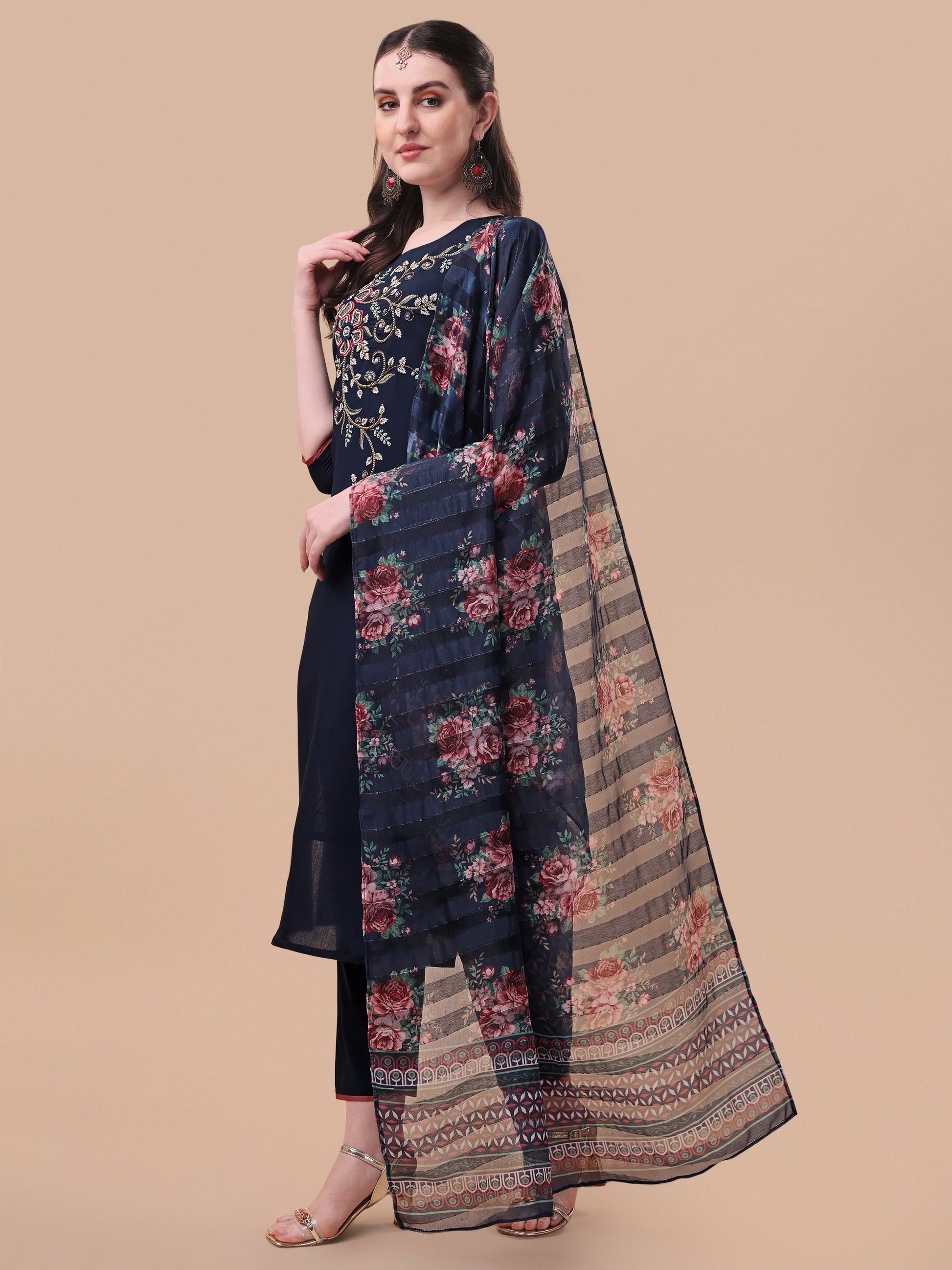 Hand Embroidered Kurta With Pant And Printed Dupatta Set, Multicolor - Hiral Fashion