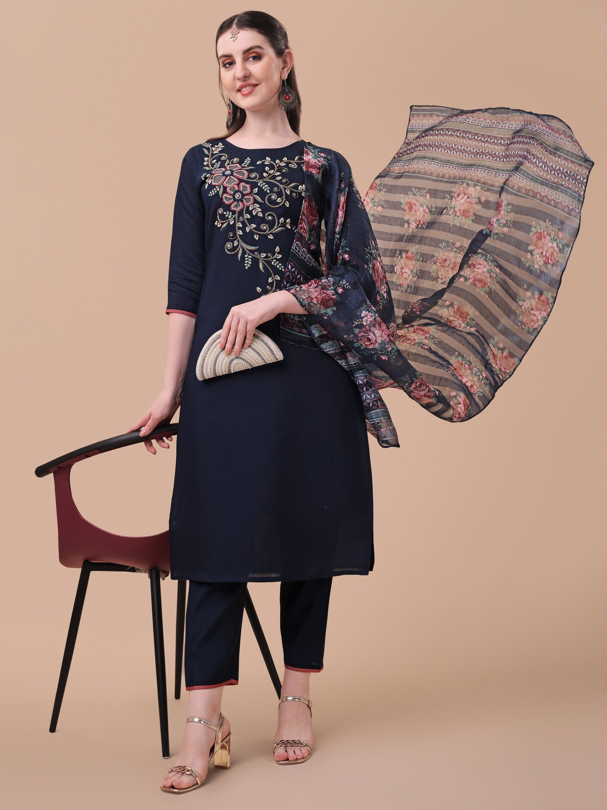 Hand Embroidered Kurta With Pant And Printed Dupatta Set, Multicolor - Hiral Fashion
