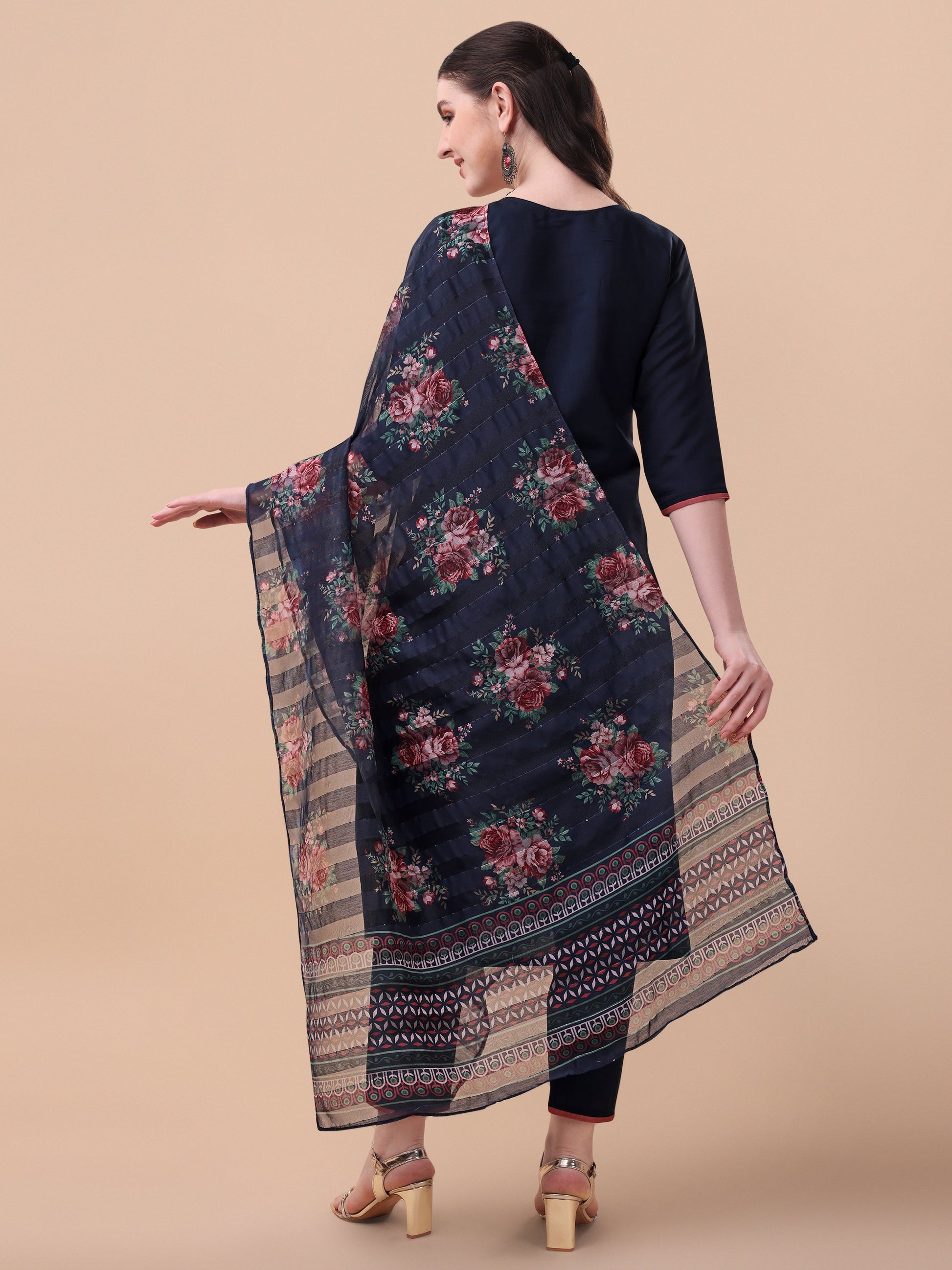 Hand Embroidered Kurta With Pant And Printed Dupatta Set, Multicolor - Hiral Fashion