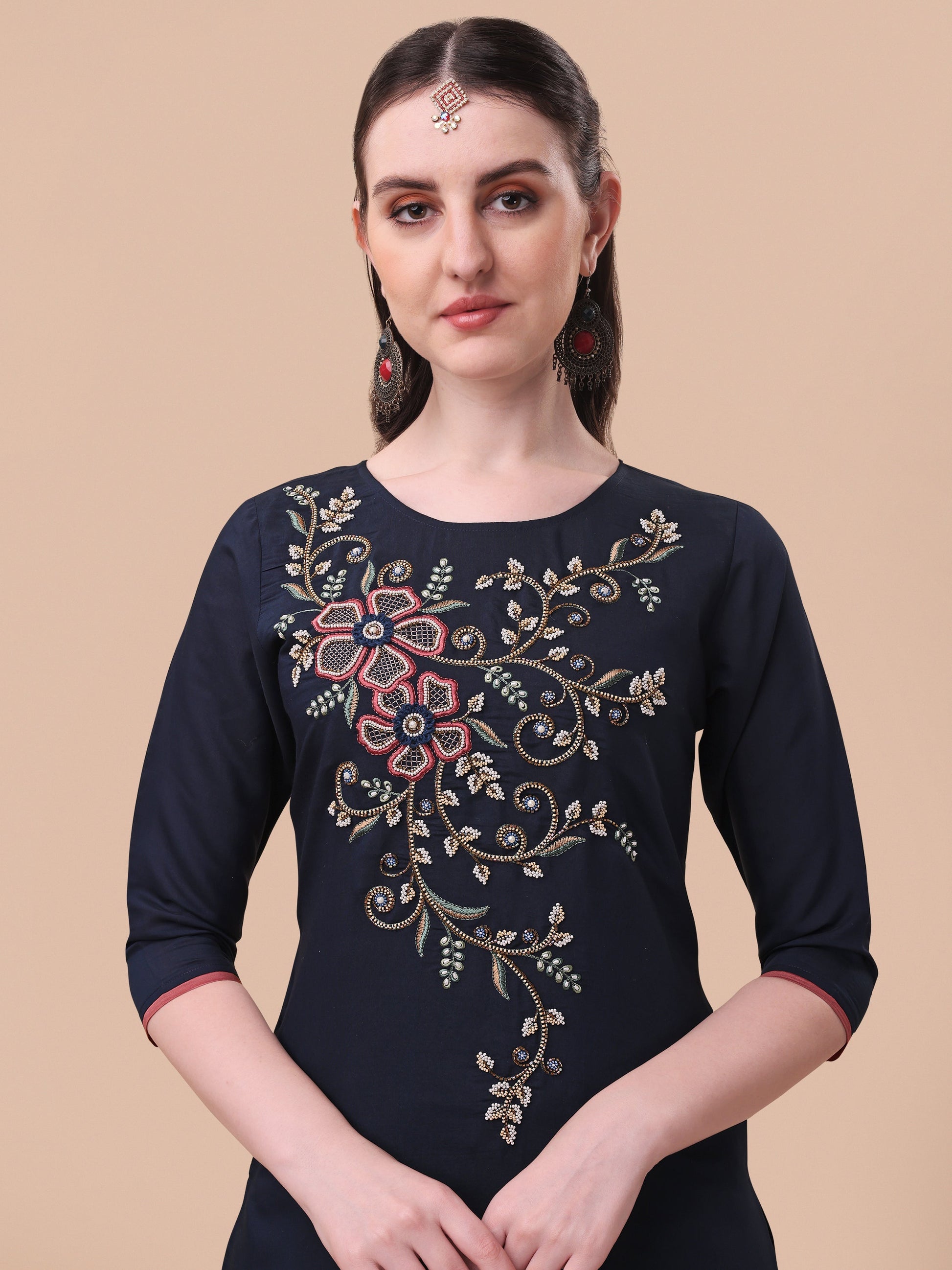 Hand Embroidered Kurta With Pant And Printed Dupatta Set, Multicolor - Hiral Fashion