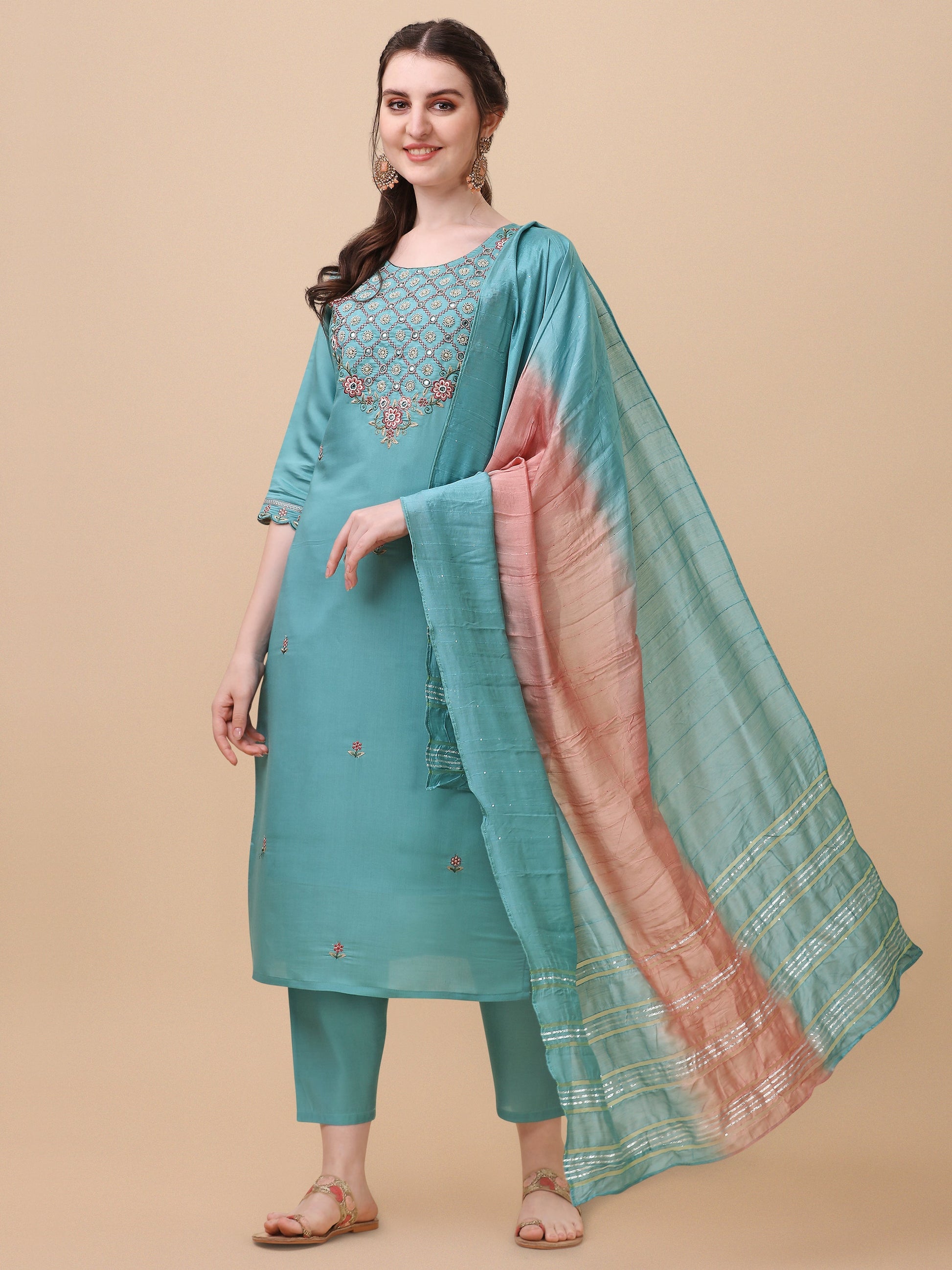 Embroidered Kurta With Pant And Dupatta Set, Multicolor - Hiral Fashion